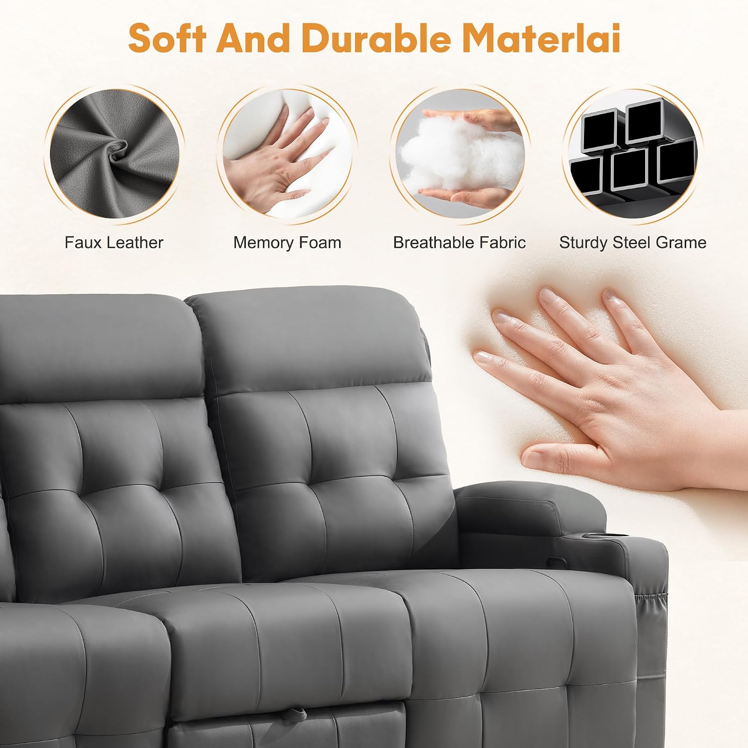 Detalle 1 de Korser LS-1066-Grey-NEW 3-Seat Recliner Sofa with PU Leather & Flip-Back Console