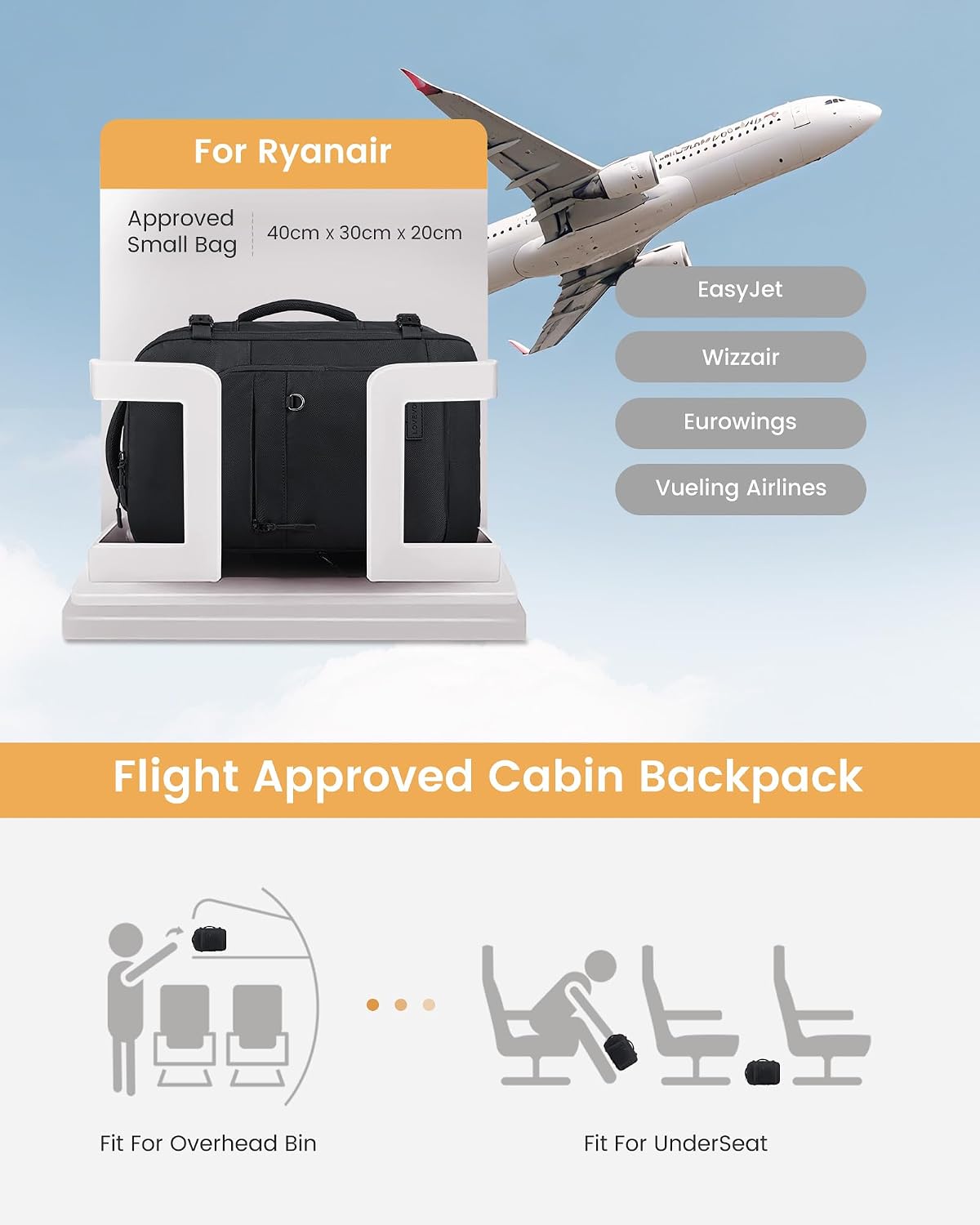 Detalle 2 de LOVEVOOK Ryanair cabin bag 40x30x20cm underseat travel backpack (small)