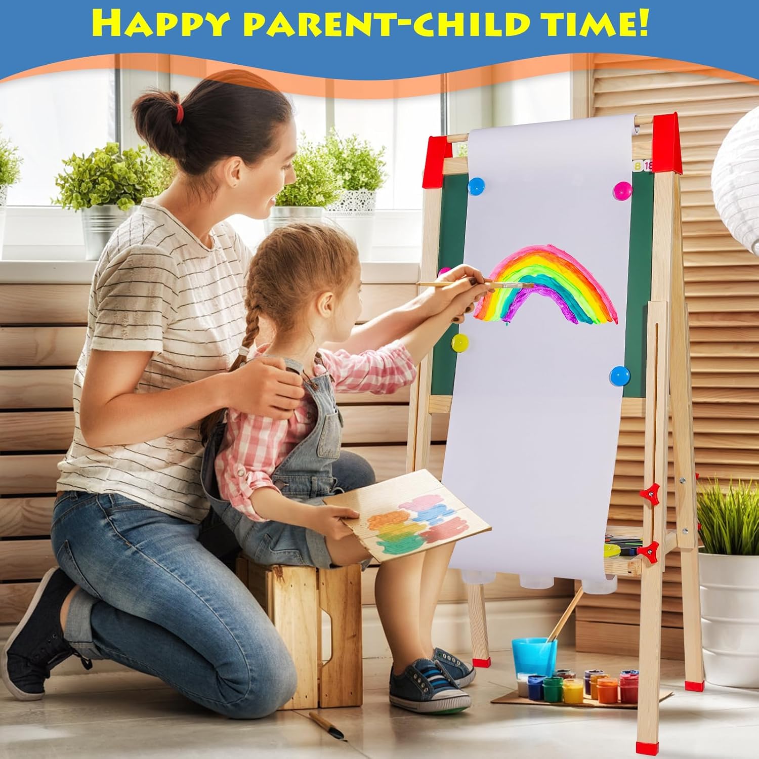 Thumbnail 6 de Kinder Staffelei Holz Kindertafel mit Papierrollenhalter – doppelseitige Kreidetafel und Whiteboard