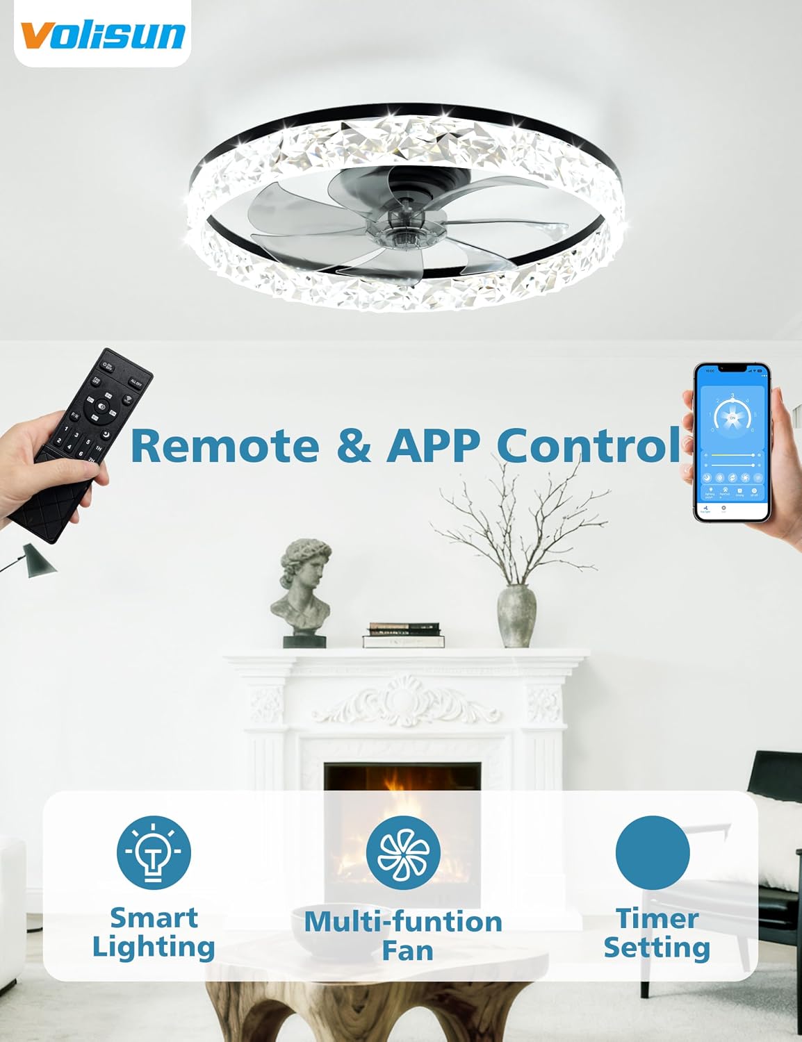 Detalle de VOLISUN 8225-3K 20-inch Black Flush-Mount Ceiling Fan with Dimmable LED Light