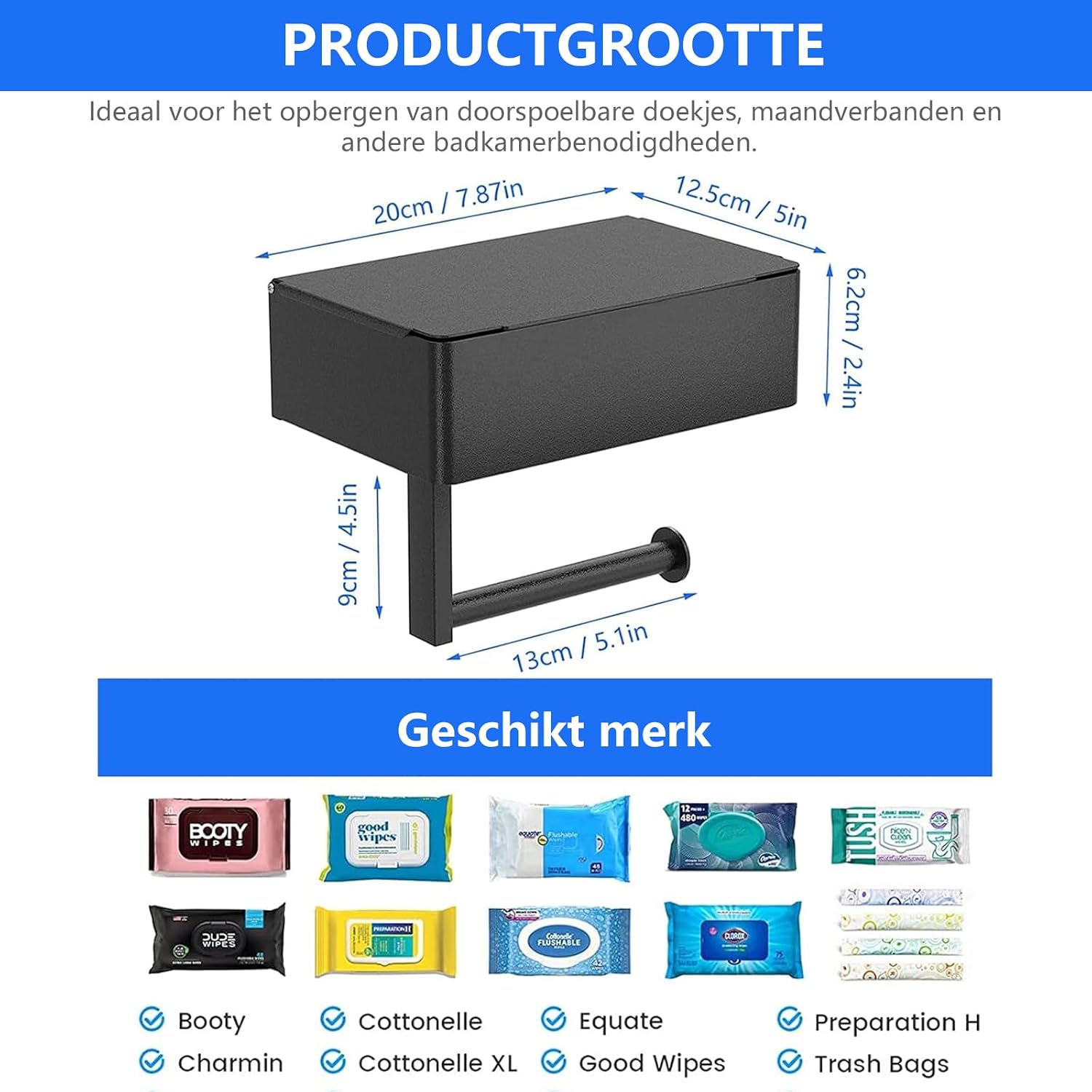 Detalle de GUIGUZI WSZJ-BE toiletrolhouder met vochtige doekjesbox, zwart staal