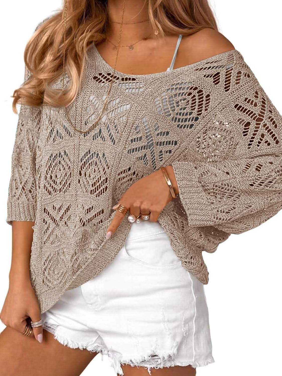 Detalle de Saodimallsu Women’s Crochet Cover Up Top (Off-Shoulder, 3/4 Sleeve) Mesh Boho Swimsuit Cover-Up