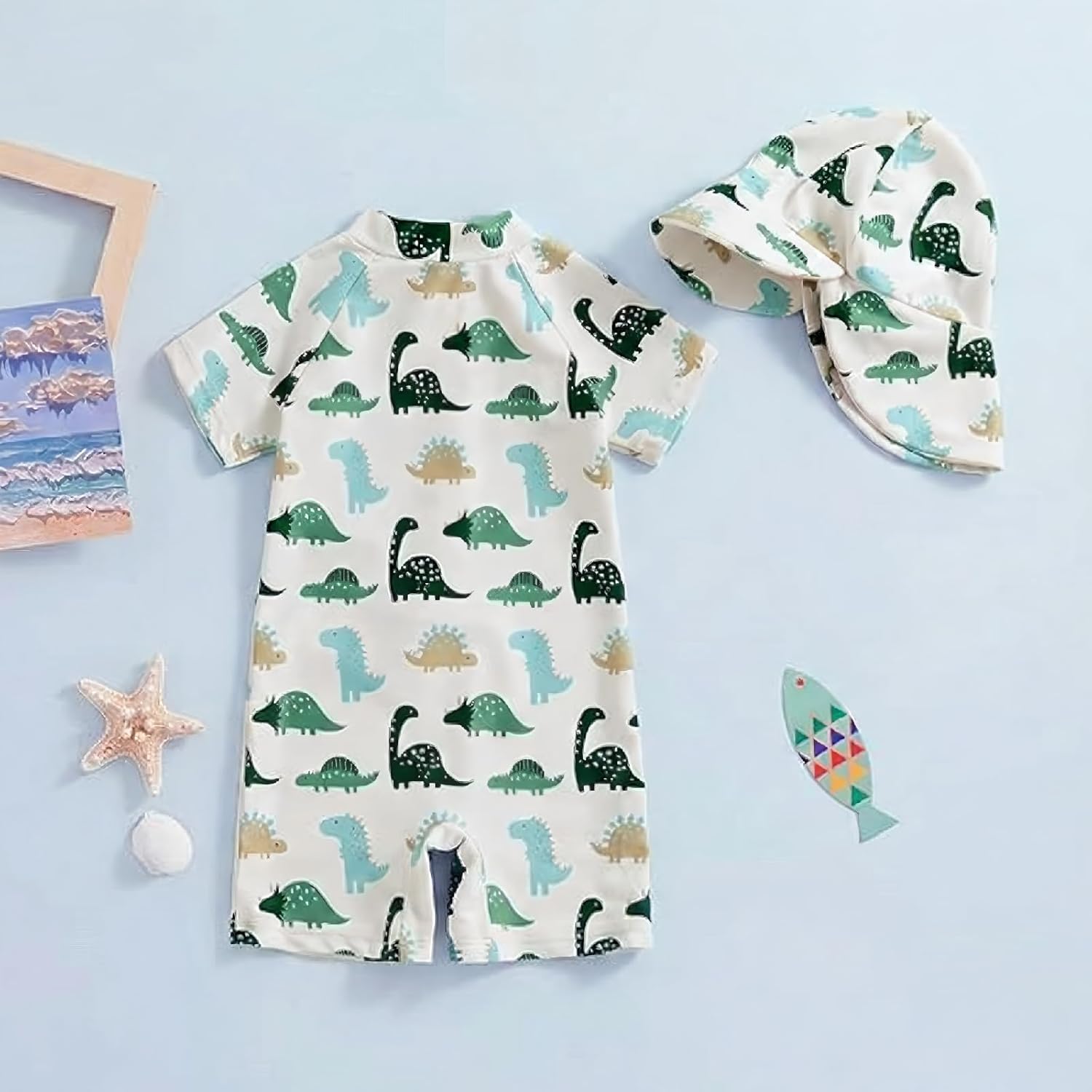Thumbnail 1 de JiAmy Baby Boys Swimming Costume with Sun Hat: One-Piece Rash Guard for Sun Protection (6M–5Y)