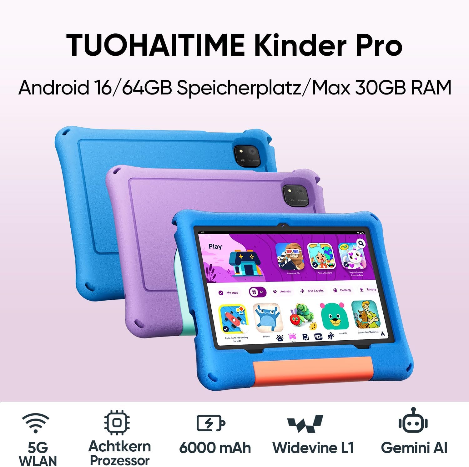 Detalle de Kinder Tablet 10.1 Zoll Android 16 – 30 GB RAM, 64 GB ROM, erweiterbar, Kindersicherung & GPS