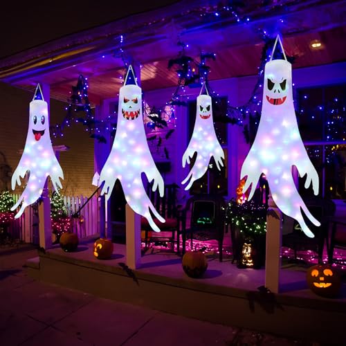 Detalle 2 de Moxled Halloween-Geister-Windsäcke, 3er-Set, 120 cm mit bunten LED-Lichtern
