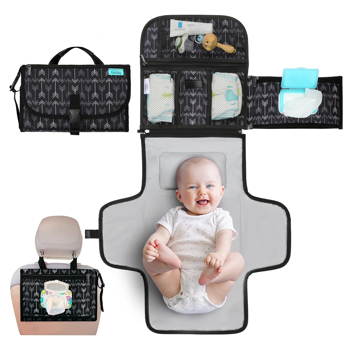 Detalle de Kopi Baby Portable Diaper Changing Pad, 22-In Waterproof Pad, Black Arrows