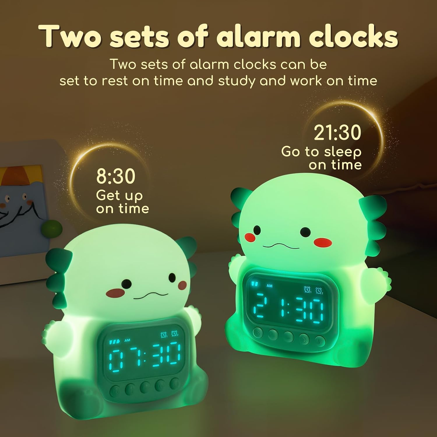 Thumbnail 3 de Yiliaw Axolotl Alarm Clock with Night Light for Kids (Green) with USB Recharge
