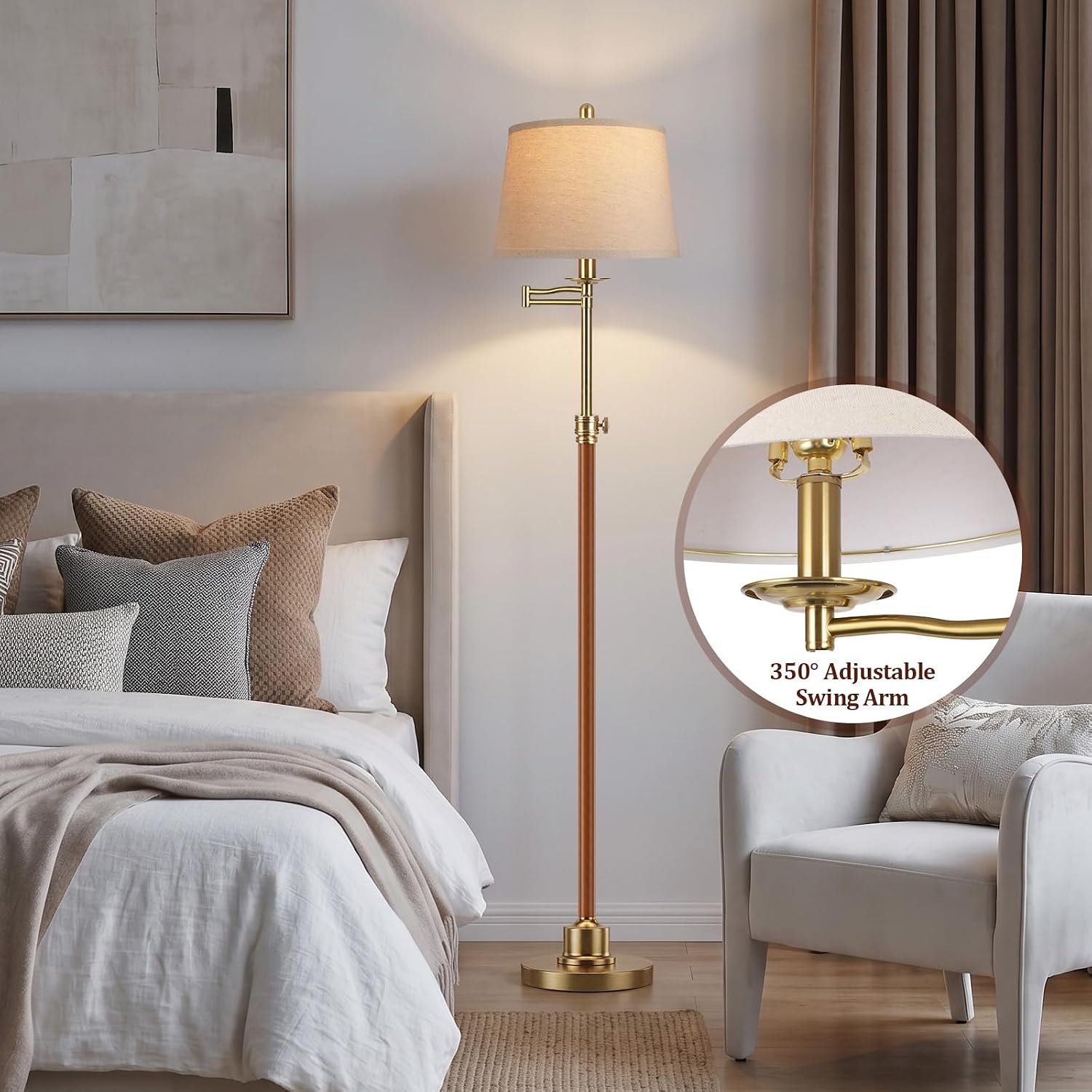 Detalle 2 de Vintage Walnut Gold Floor Lamp with 350° Swivel Arm and Adjustable Height