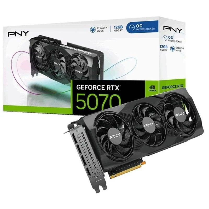 Detalle de PNY GeForce RTX 5070 Overclocked Triple Fan 12GB GDDR7 Reflex 2 RTX AI DLSS4