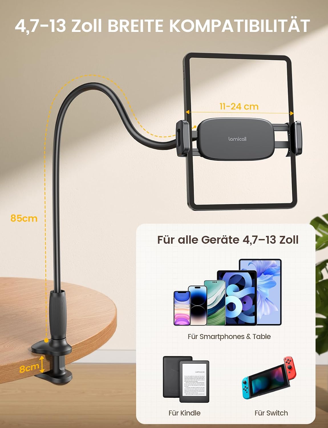 Thumbnail 4 de Lamicall Schwanenhals Tablet-Halterung für Bett & Tisch (85 cm) – 360° drehbar, für iPad & 4,7–13