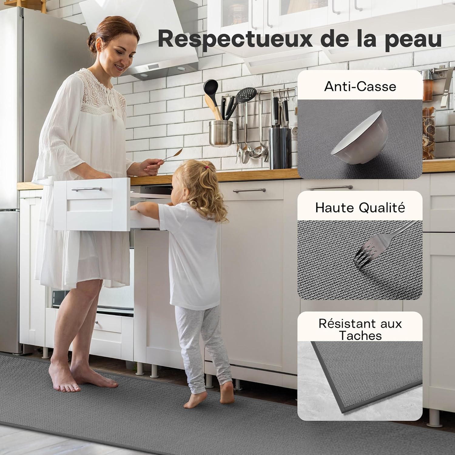 Thumbnail 4 de Tapis de cuisine Mizuosre devant évier long antidérapant et lavable, gris 43,5x180 cm