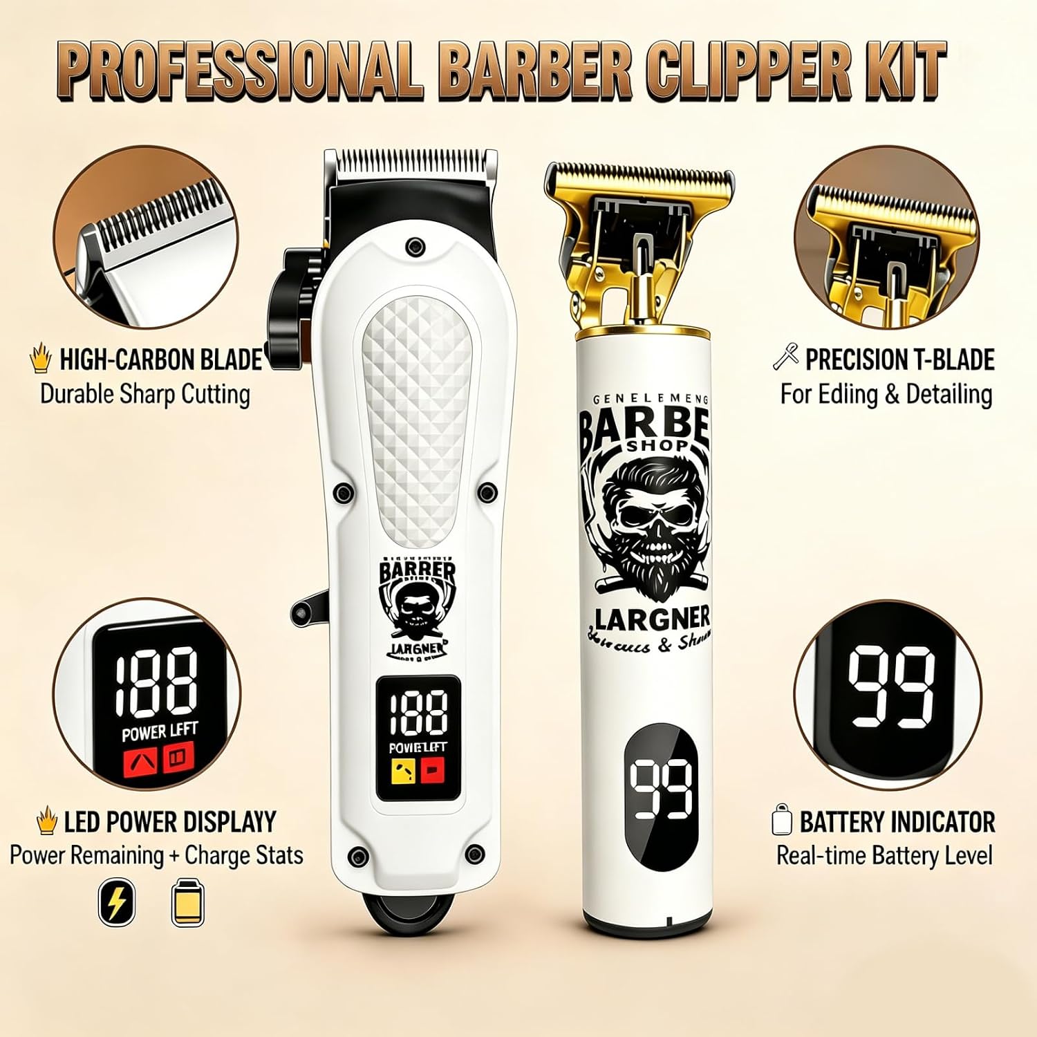 Detalle de Hair Clippers for Men: Cordless Professional Set for Home and Barbershop Use