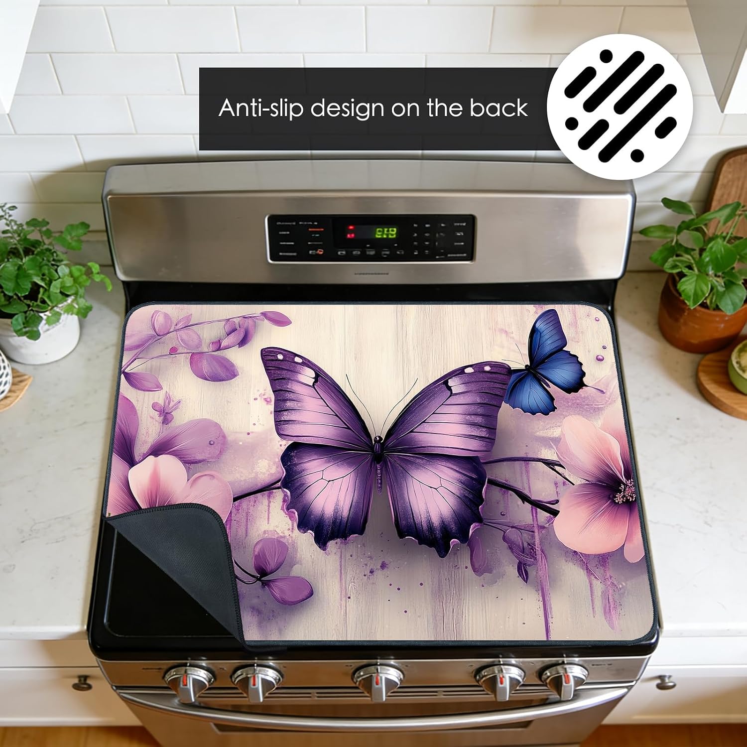 Detalle 2 de Nuxovilar Purple Butterfly Stove Cover, 28.65 x 20.47-Inch Floral Mat
