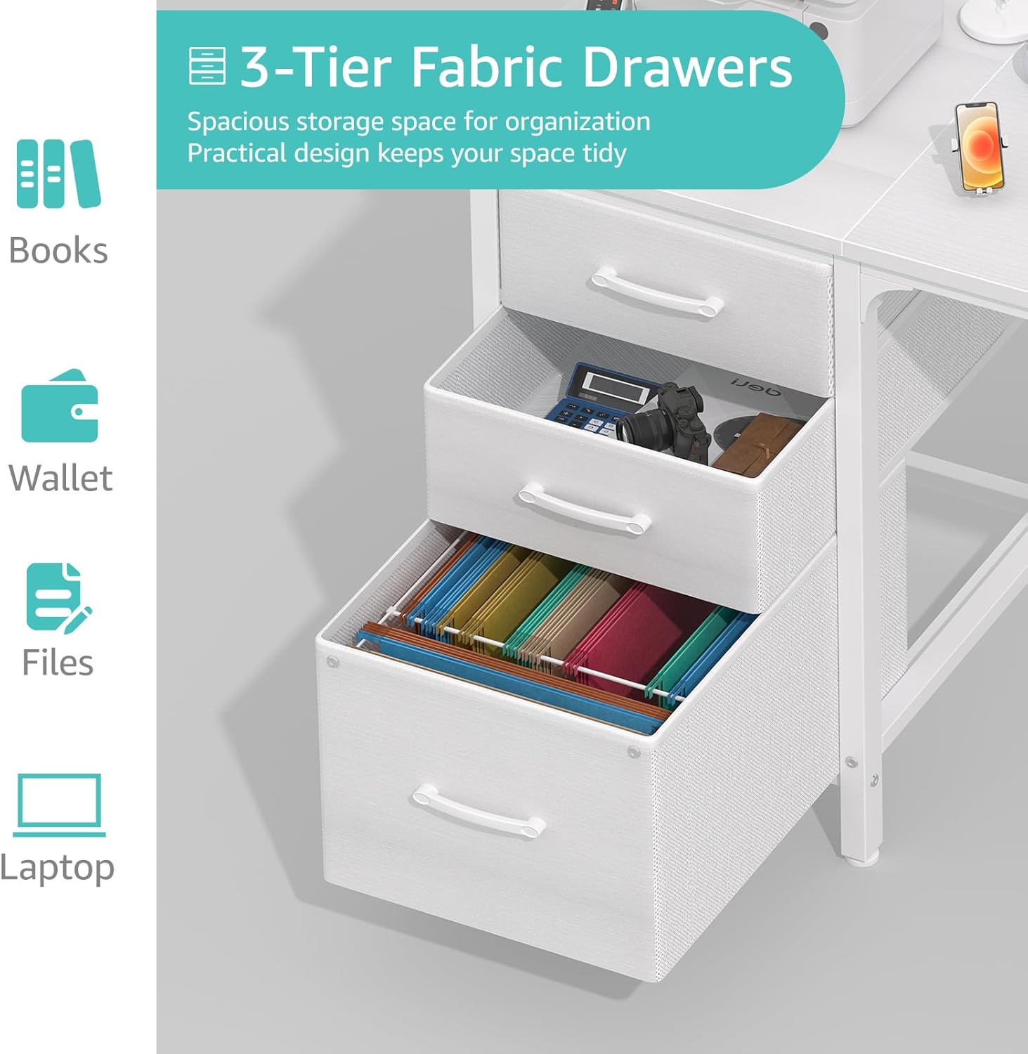 Thumbnail 5 de Lufeiya Schreibtisch mit 3 Schubladen – Weiß, 118 x 50 x 75 cm, stabiles Computertisch-Design mit Stauraum
