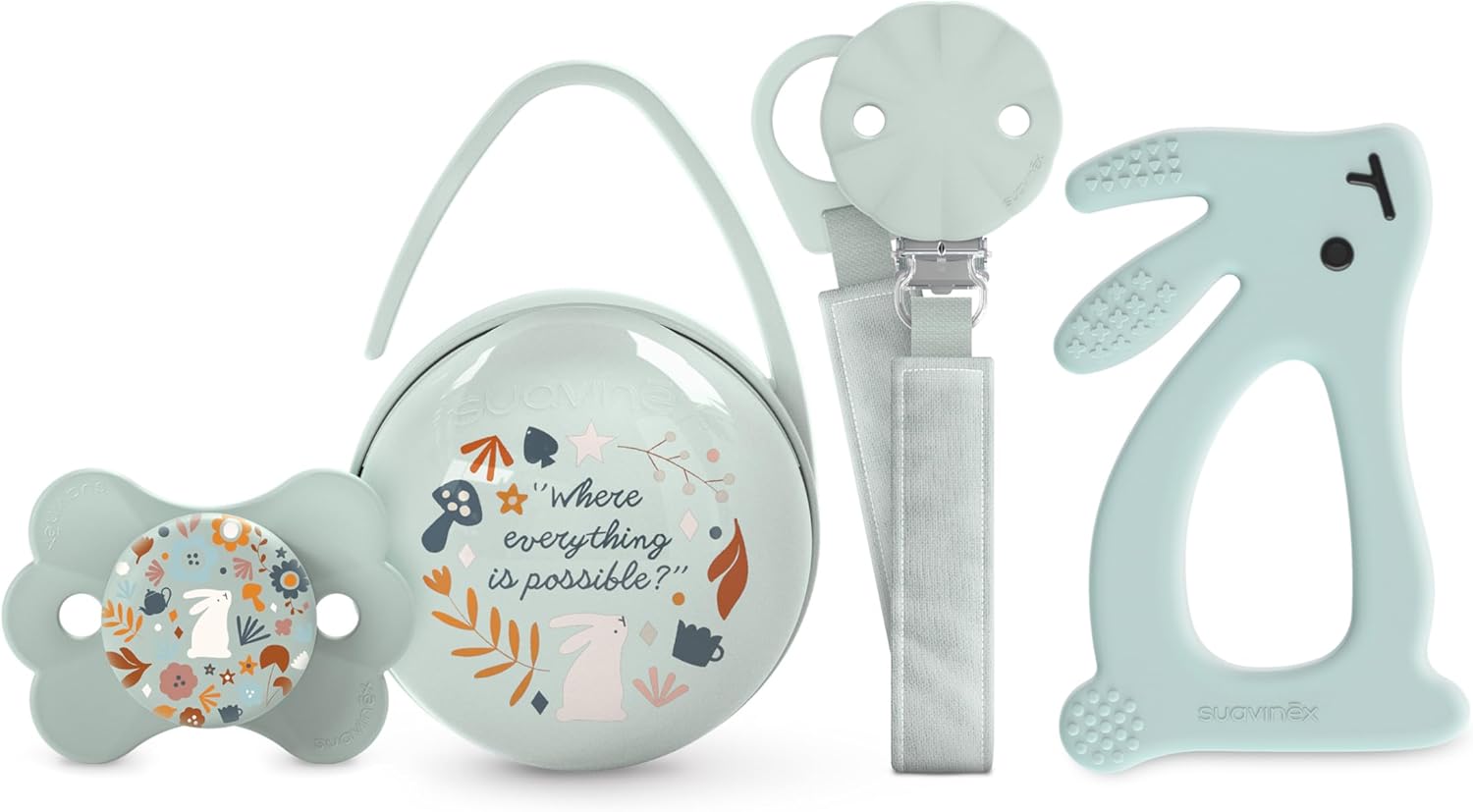 Detalle de Suavinex Cadeau Naissance Wonderland Vert — Coffret 4 pièces: Sucette SX Pro 0–6 mois, Attache, Boîte et Anneau de Dentition en Silicone