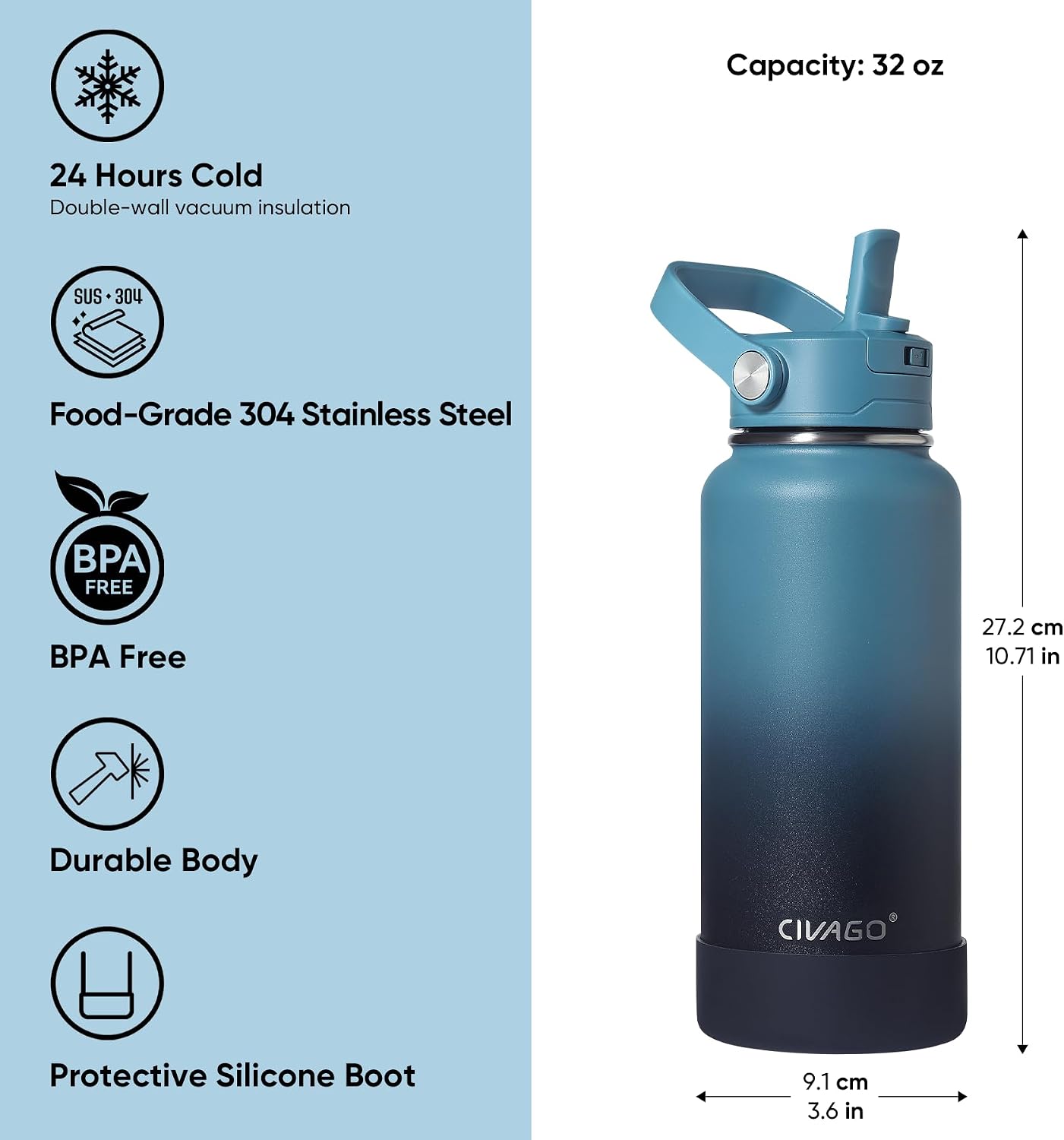 Thumbnail 6 de CIVAGO Insulated Bottle with 2 Lids, 32 oz Stainless Steel Water Bottle