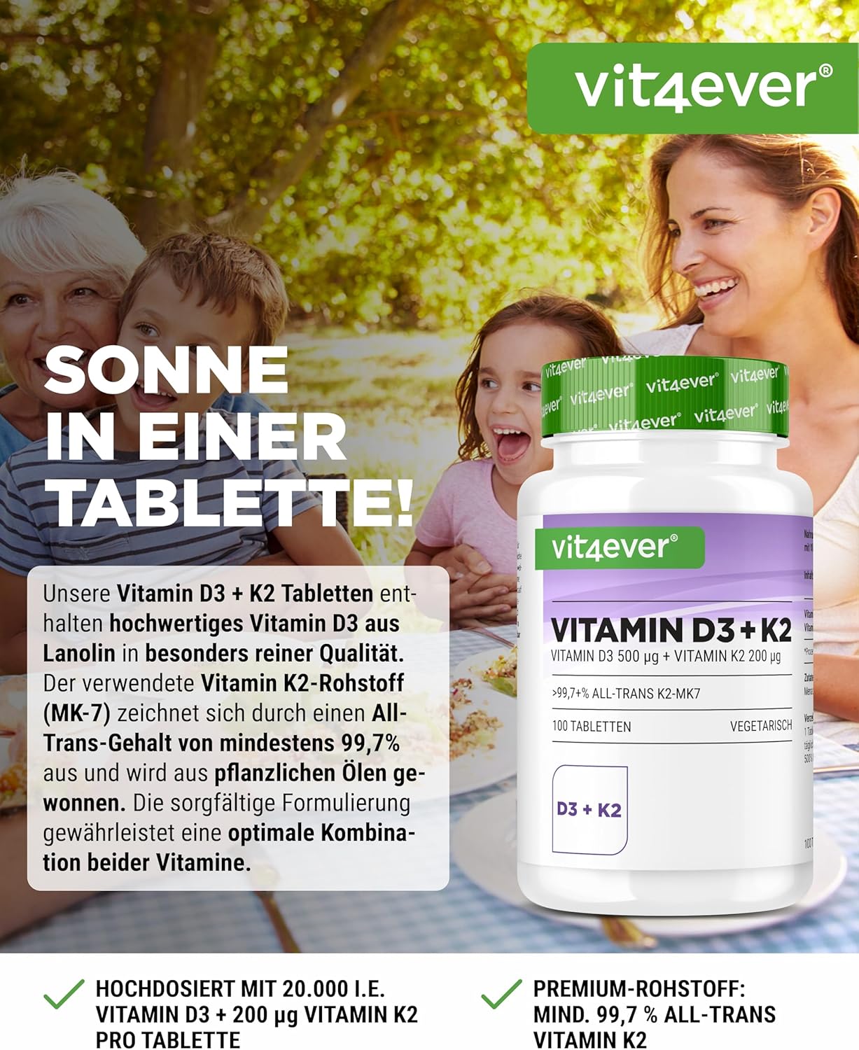 Thumbnail 1 de vit4ever Vitamin D3 20.000 I.E + Vitamin K2 200 µg MK7 Depot 100 Tabletten