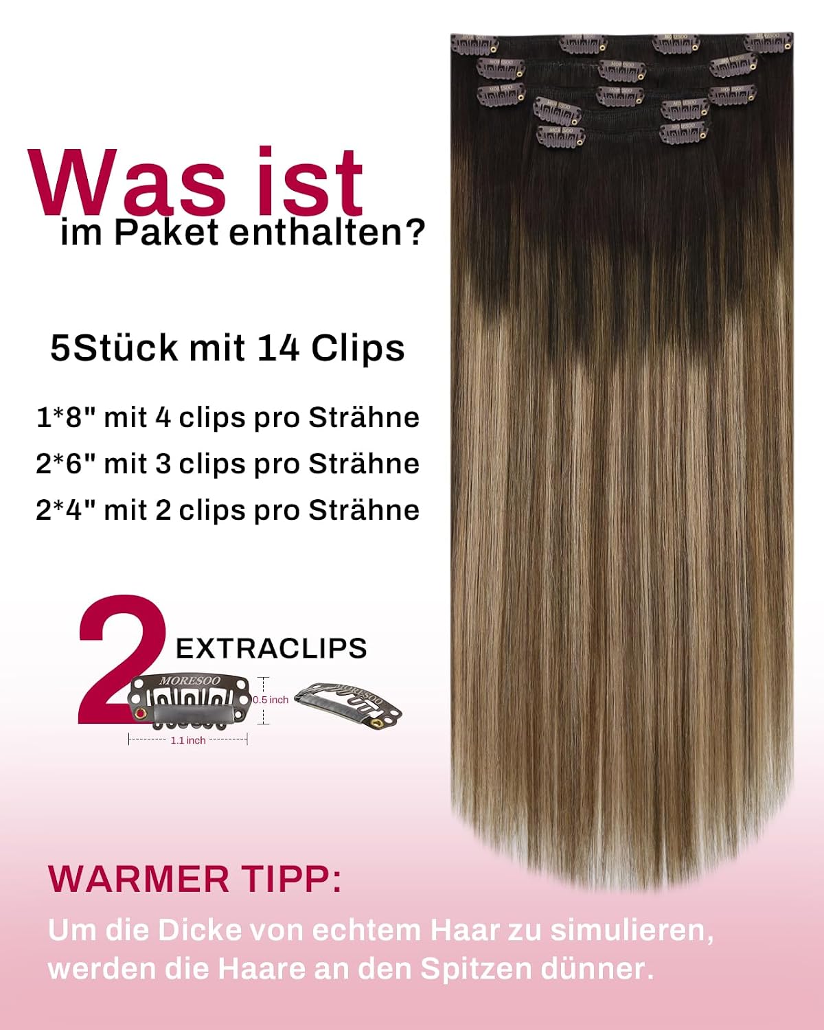 Thumbnail 2 de Moresoo Clip-in Echthaar Extensions – Salonqualität, 14 Zoll, 5 Stück in Braun- und Blondtönen