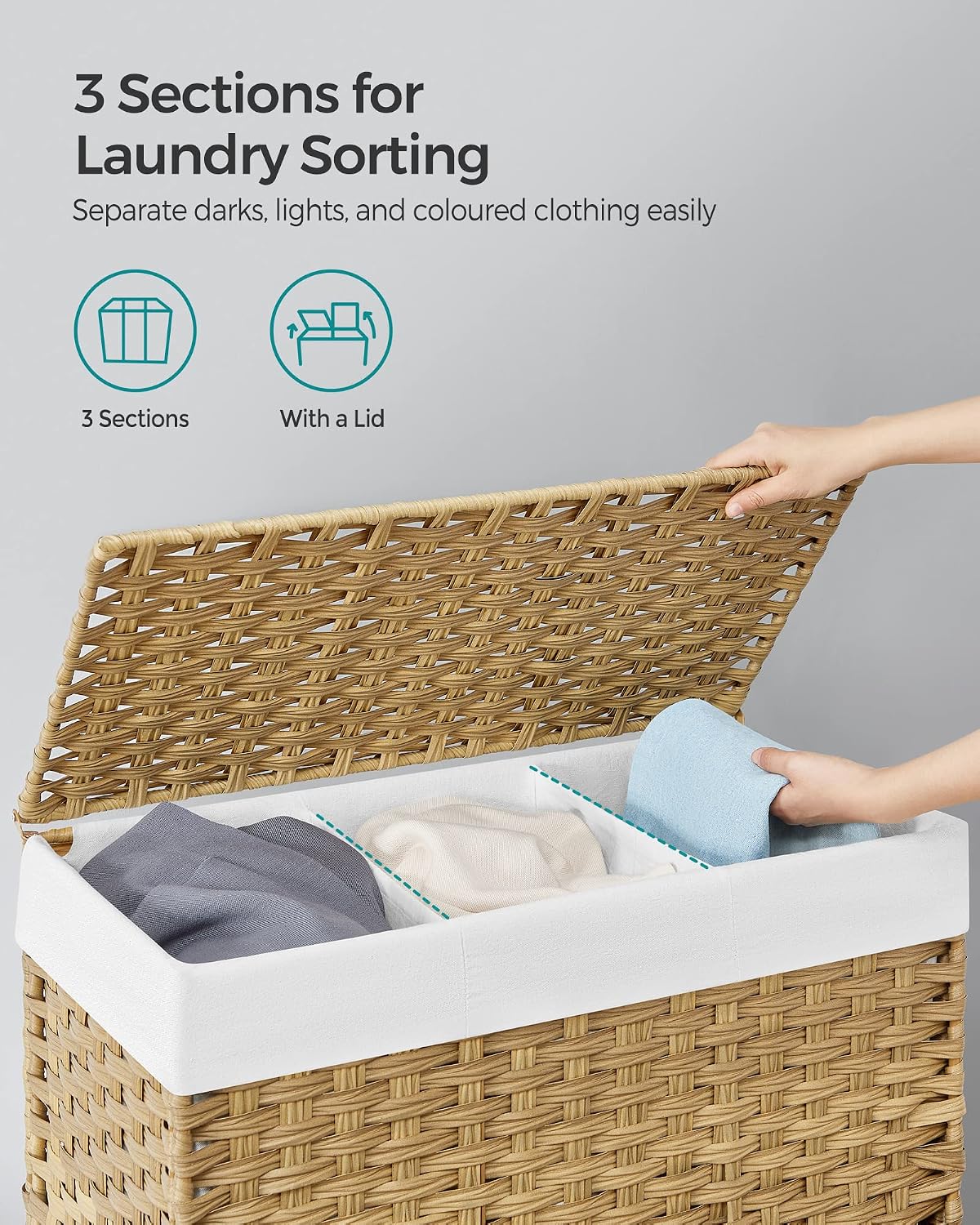Detalle de SONGMICS LCB363N01 140 L Laundry Basket with Lid, 3 Compartments & Wheels