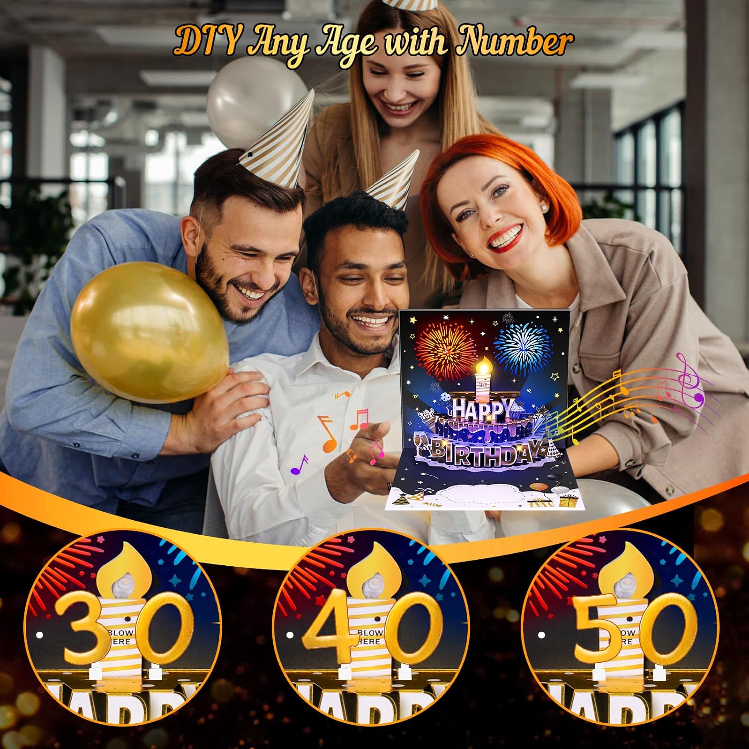 Detalle 2 de Birthday Cards Pop-up MUSIC & LIGHTS & Blowable Candle (Black & Gold) – Pop-up birthday greeting with DIY numbers