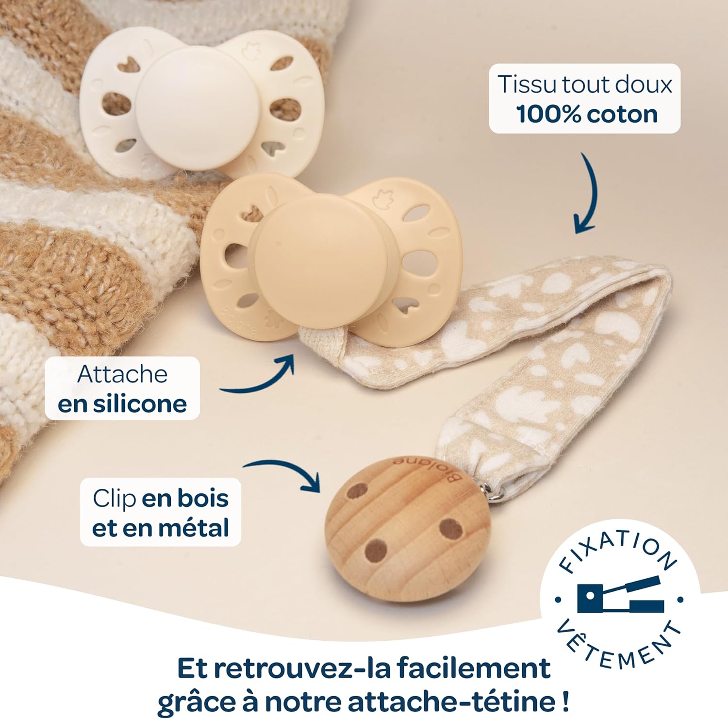 Thumbnail 5 de BIOLANE – Lot de 2 sucettes anatomiques et Attache-tétine Beige (18 mois et +)