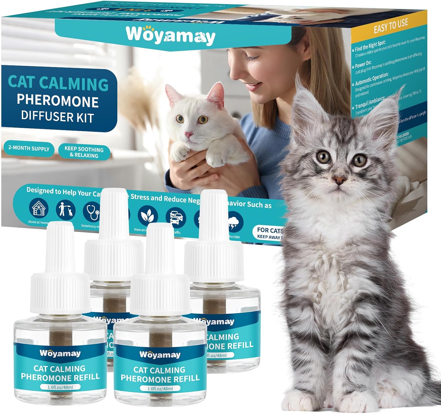 Woyamay Cat Calming Plug-in Refiils for Cats – 4 Pack (Up to 120 Days) for Stress and Anxiety Relief