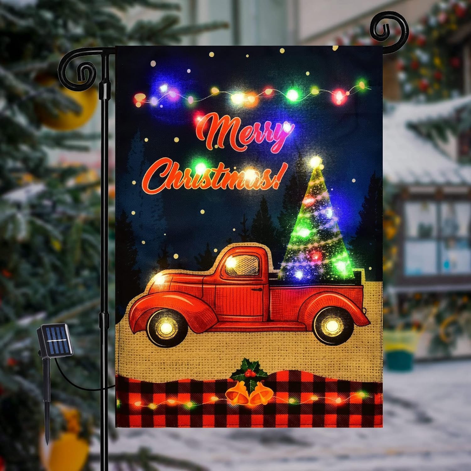 Detalle de FLAGMESAGE 01 Lighted Christmas Truck Garden Flag, Solar, 8 Modes, 12 x 18 In