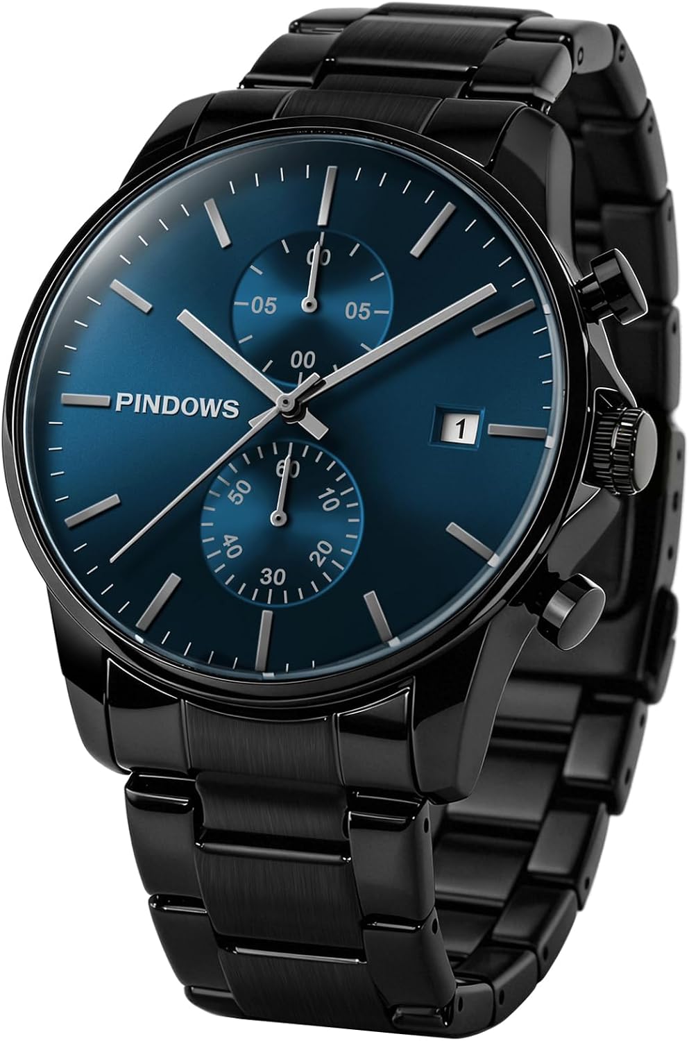 Detalle de PINDOWS Schwarze Herrenuhr: Minimalistischer Edelstahl Chronograph mit Datum, 3ATM wasserdicht