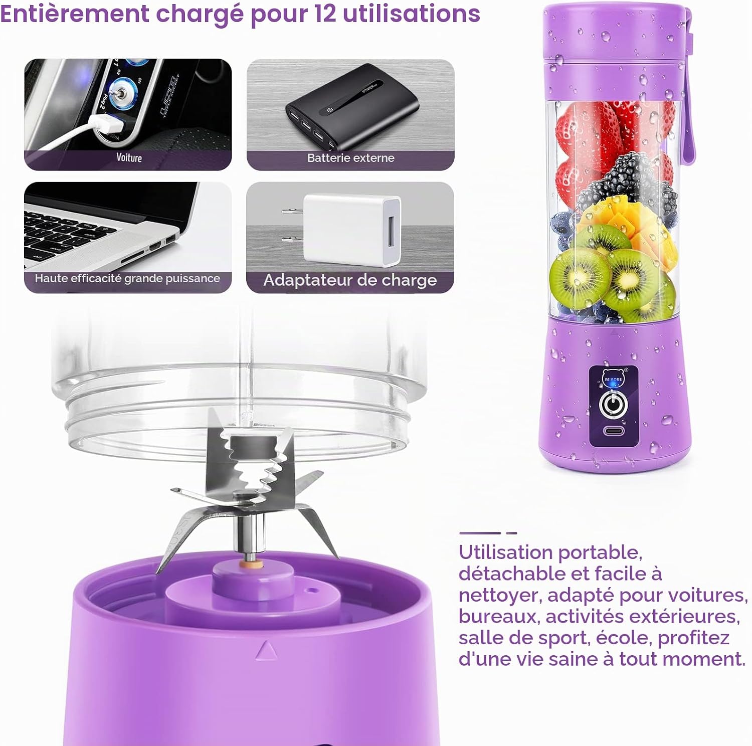 Detalle de MIAOKE GZJ-5 draagbare mini-blender, 6 messen en USB-oplaadbaar
