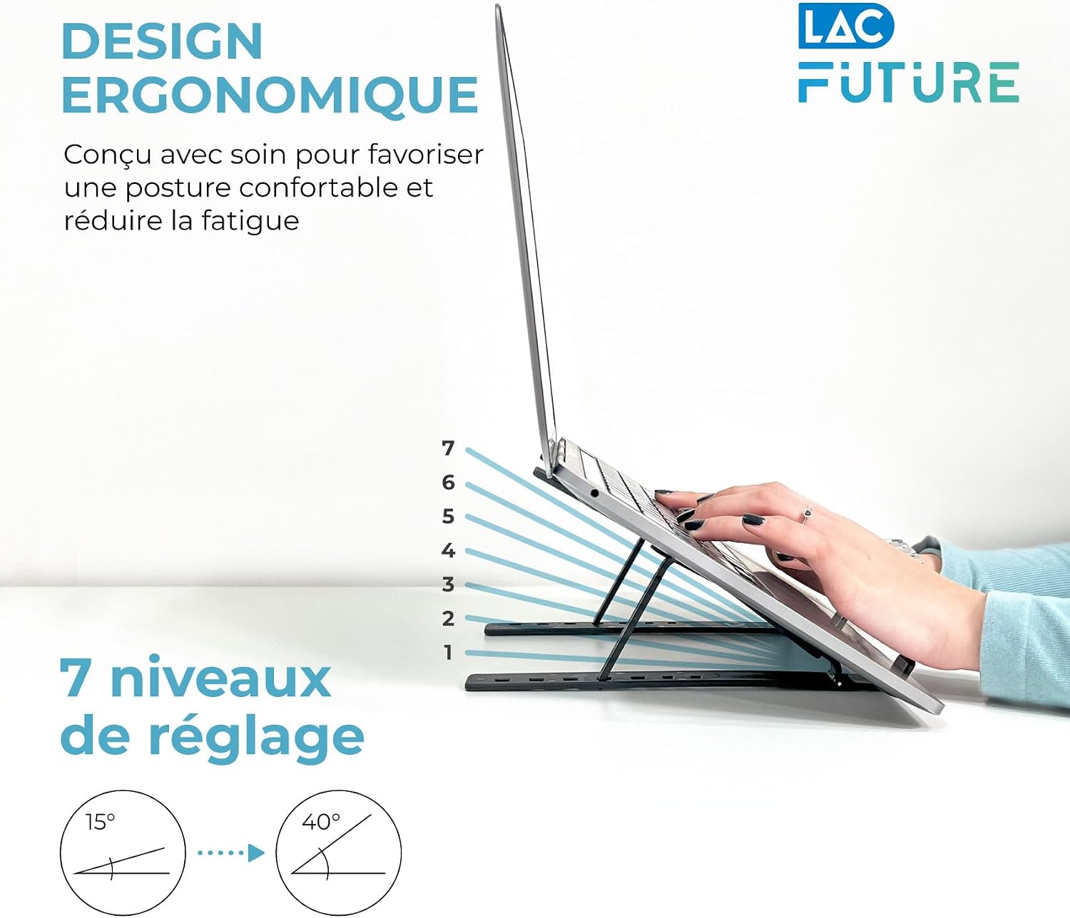 Detalle de LAC FUTURE Support PC Portable en Aluminium – Rehausseur réglable et ventilé (10–15,6”)