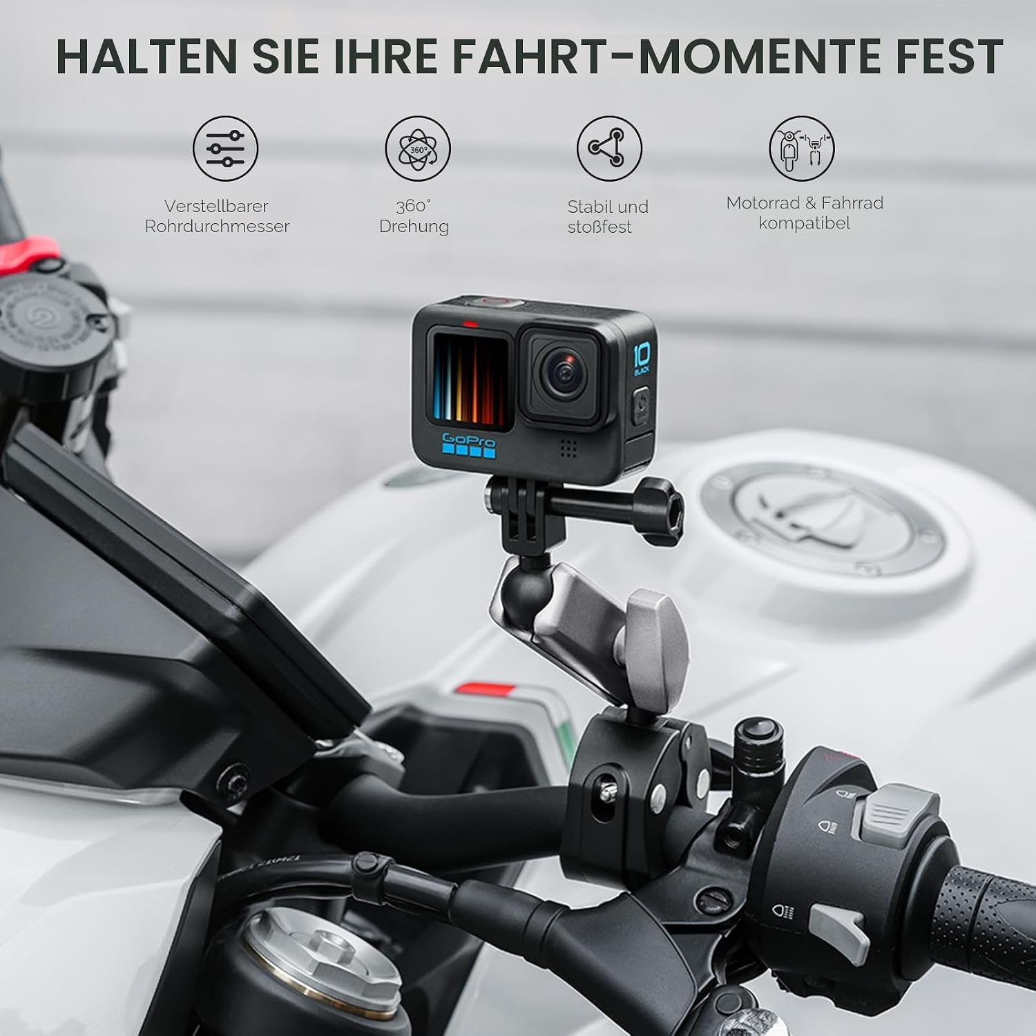 Detalle de REYGEAK Kamerahalterung: 360°-Dual-Kugelkopf, 1/4-Zoll-Schrauben, Fahrradlenkerhalterung mit Doppelklaue für GoPro Max/Hero 13–9