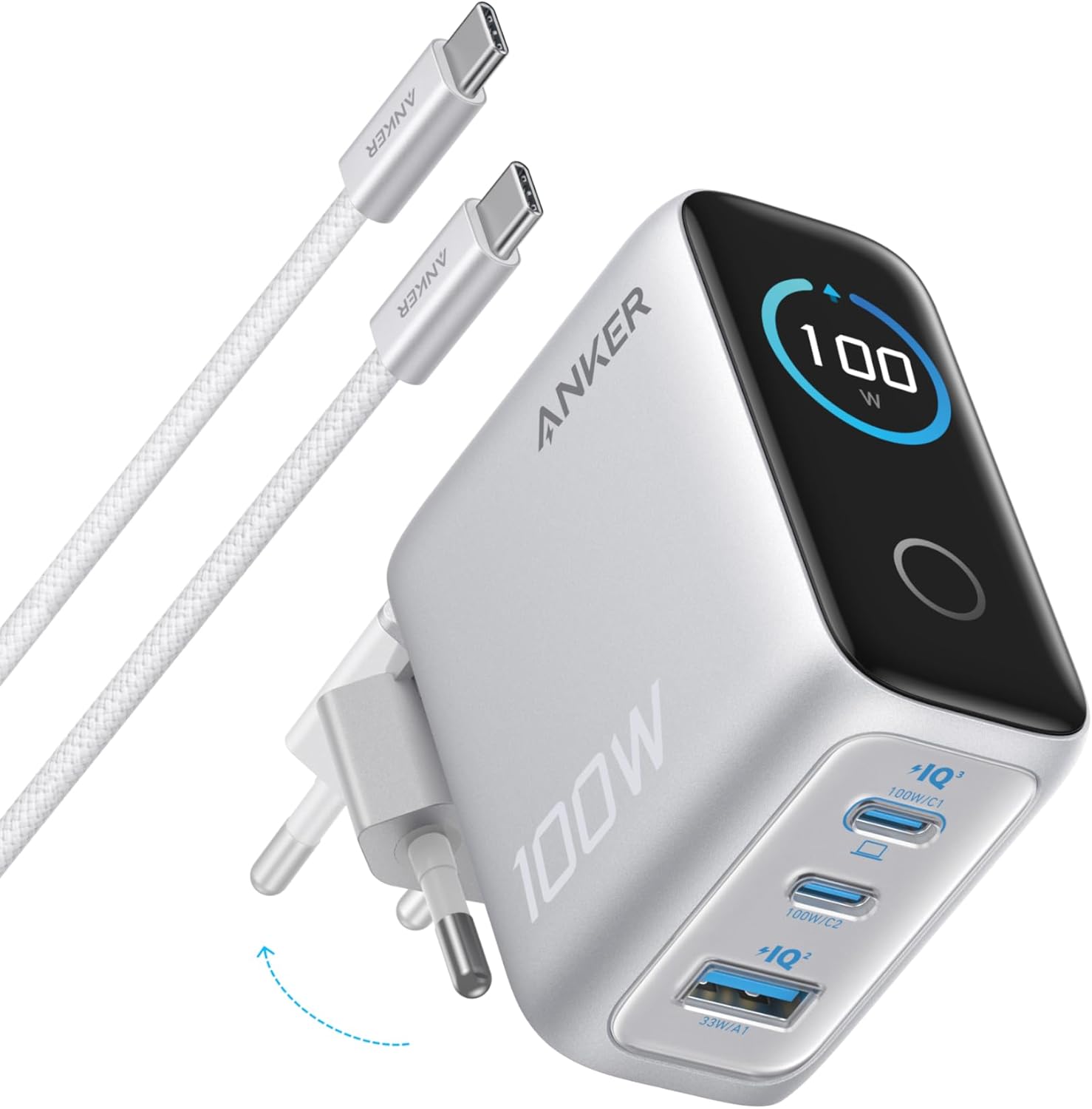 Detalle de Anker 100W USB-C Ladegerät (3 Ports, GaN, Smart Display) – kompaktes GaN-Wandladegerät für MacBook, iPad & iPhone