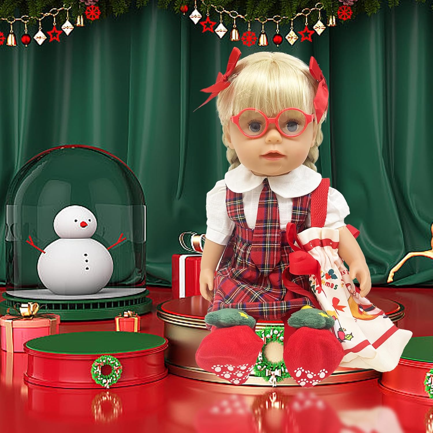 Detalle de Baby doll clothes set for 14–18 inch dolls (35–45cm) – 9-piece winter holiday outfits with red plaid dress, hair clips, glasses, stocking, and bag