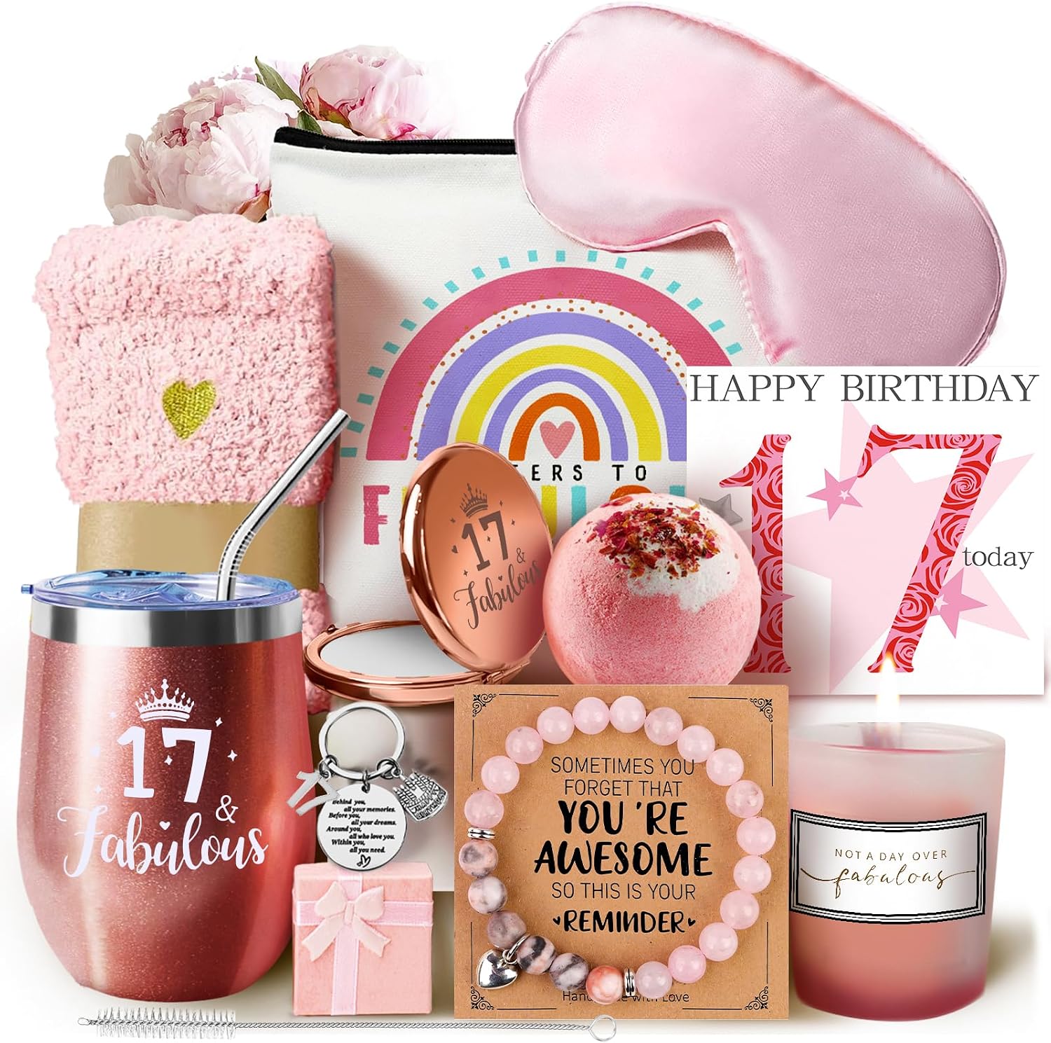Thumbnail 2 de WULAIHO 17th Birthday Gift Set for Her — Rose-Gold Tumbler, Bracelet, Mirror & Pamper Basket
