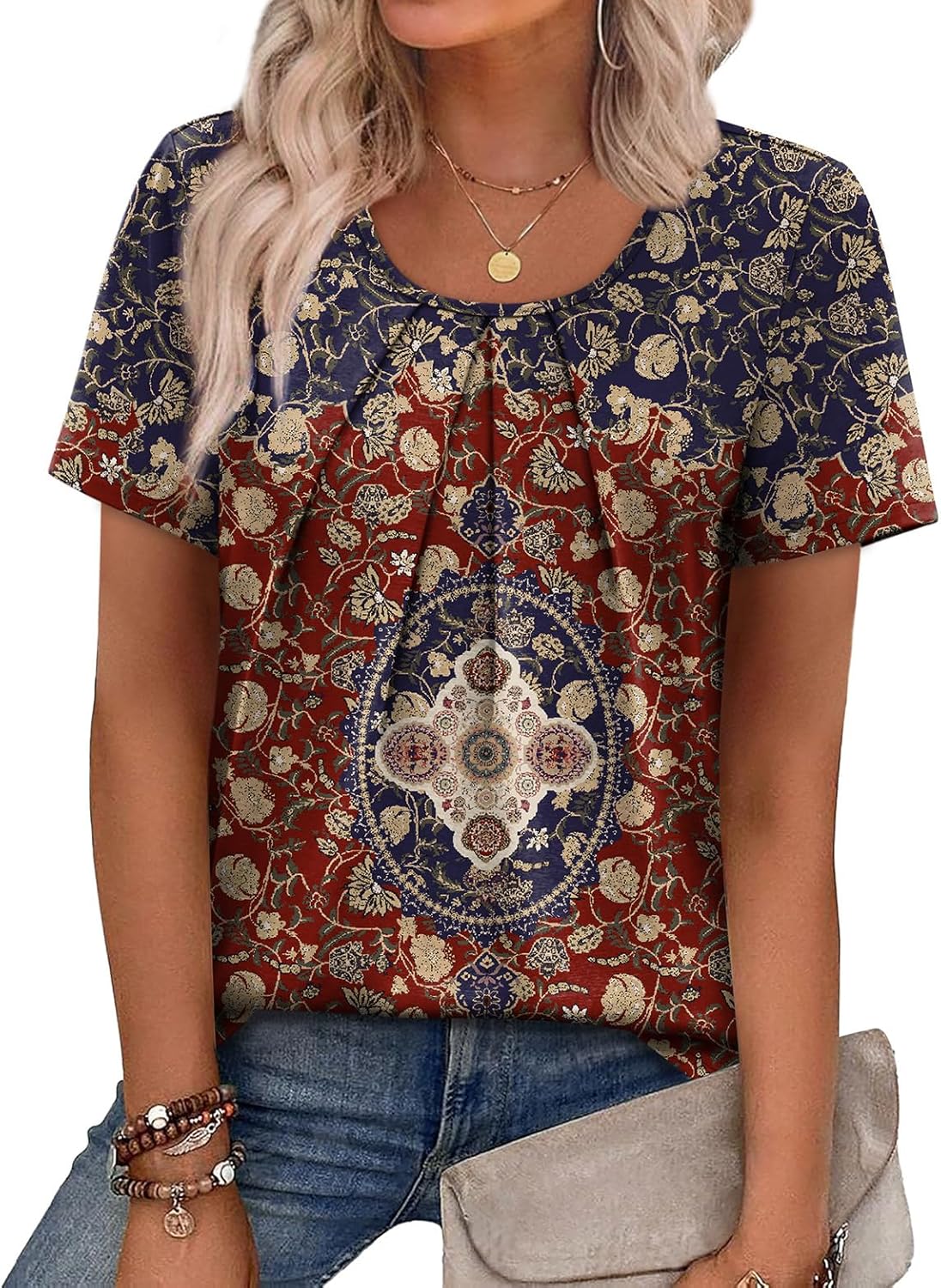 Thumbnail 1 de WIHOLL Women’s Pleated Short Sleeve T-Shirts (Scoop Neck, Flowly Front)