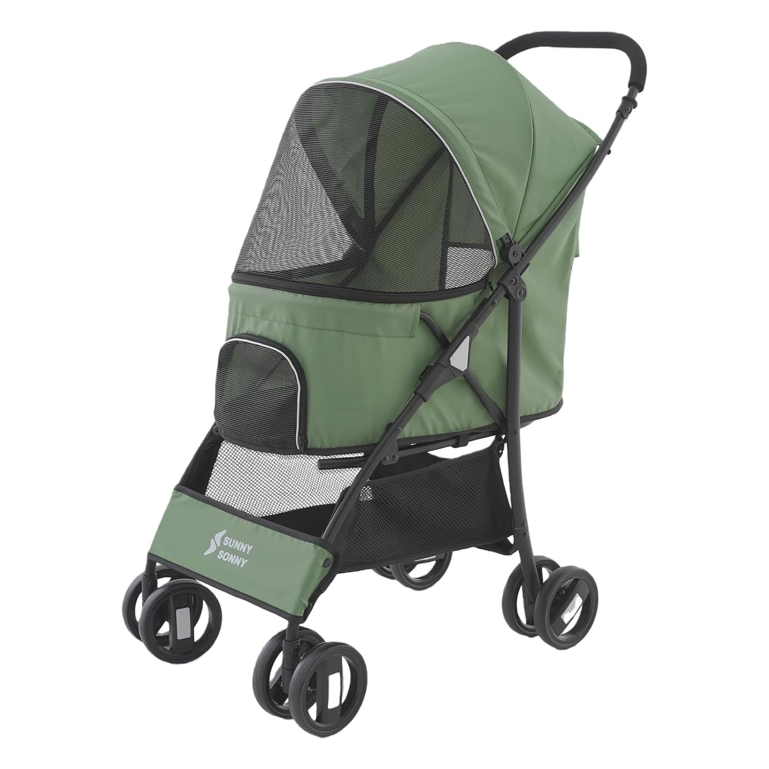 Sunny Sonny Faltbarer Jogger Haustier-Kinderwagen Grün – bis 15 kg, Wetterabdeckung, Aufbewahrungskorb und Innen-Tragetasche