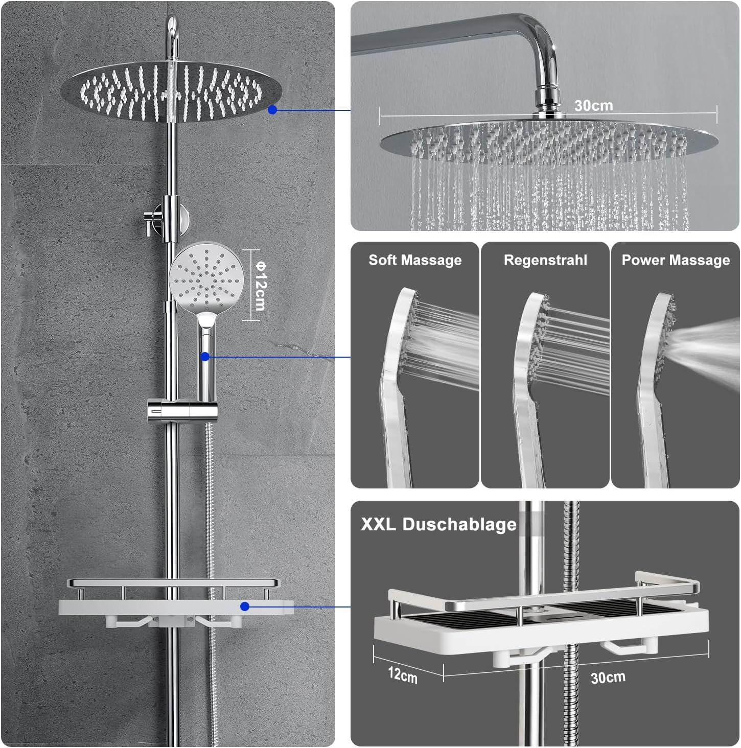 Thumbnail 2 de JOHO Colonna Doccia in Acciaio Inox – Set completo con mensola e soffione a pioggia, D30 cm