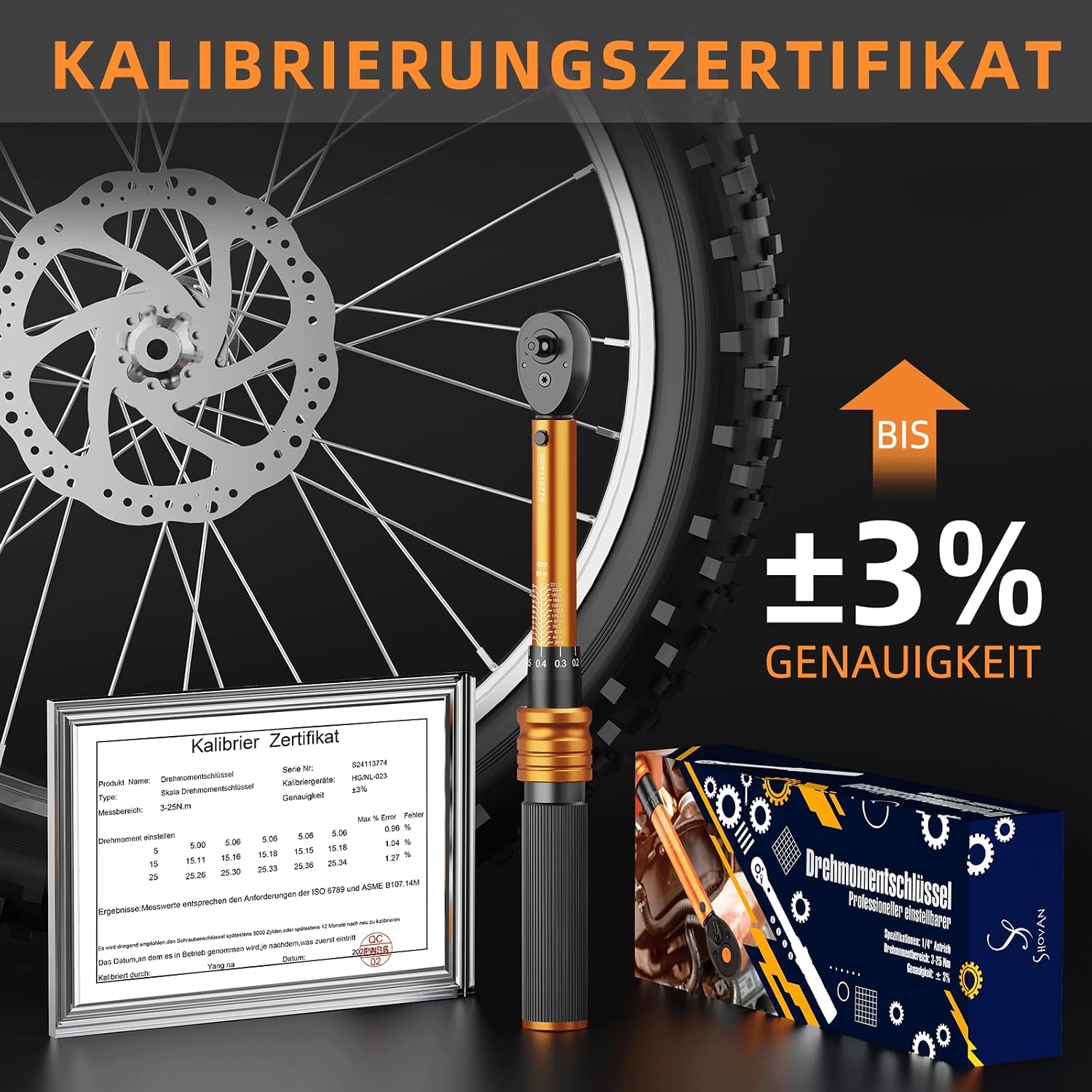 Detalle de Drehmomentschlüssel Fahrrad 1/4 Zoll – ss shovan, 3–25 Nm, 72 Zähne, 33‑teiliges Set inkl. Verlängerungen und Adapter
