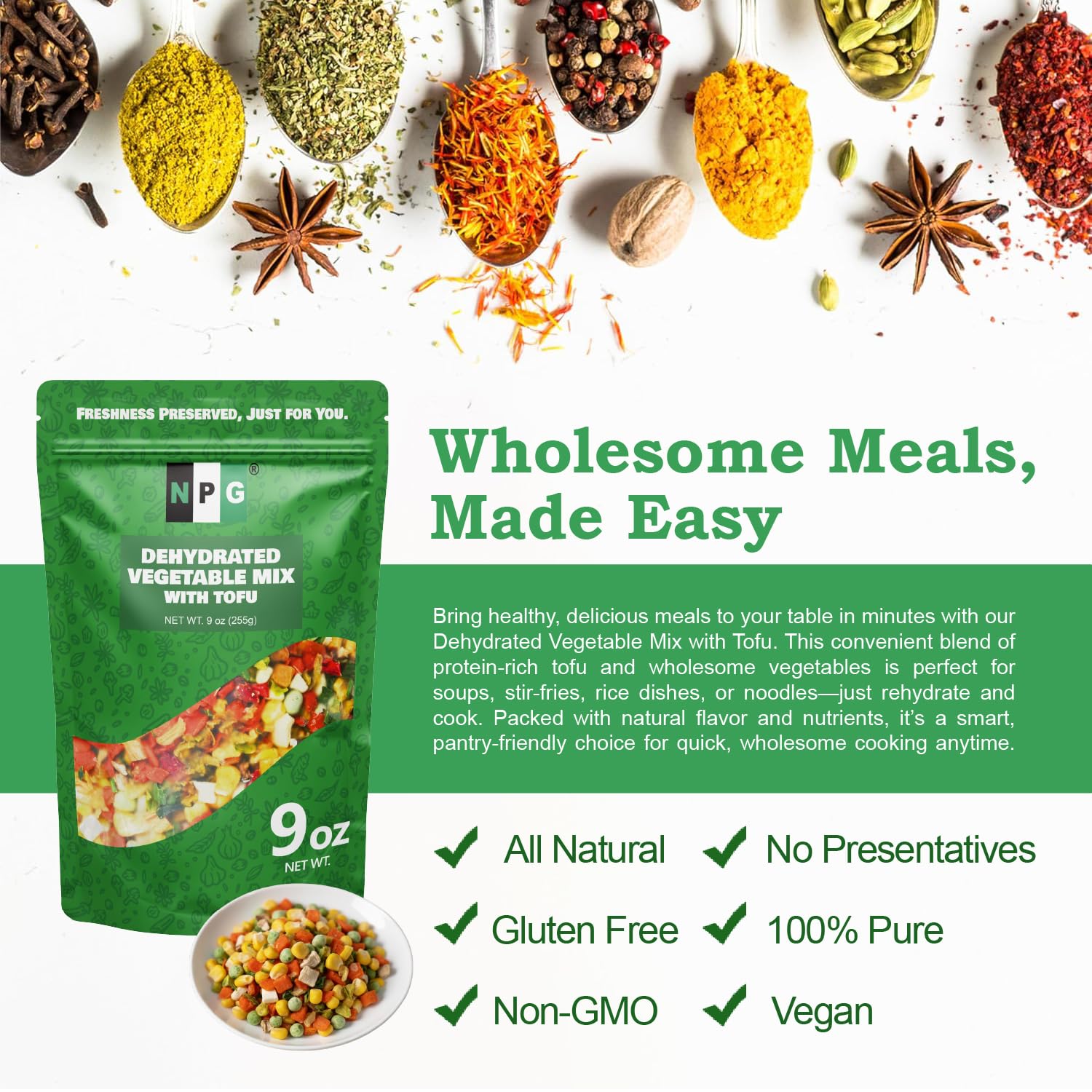 Detalle 2 de Natural Plus Green Dried Vegetable Mix, 9 Oz, Shiitake Mushroom & Tofu, No Added Salt