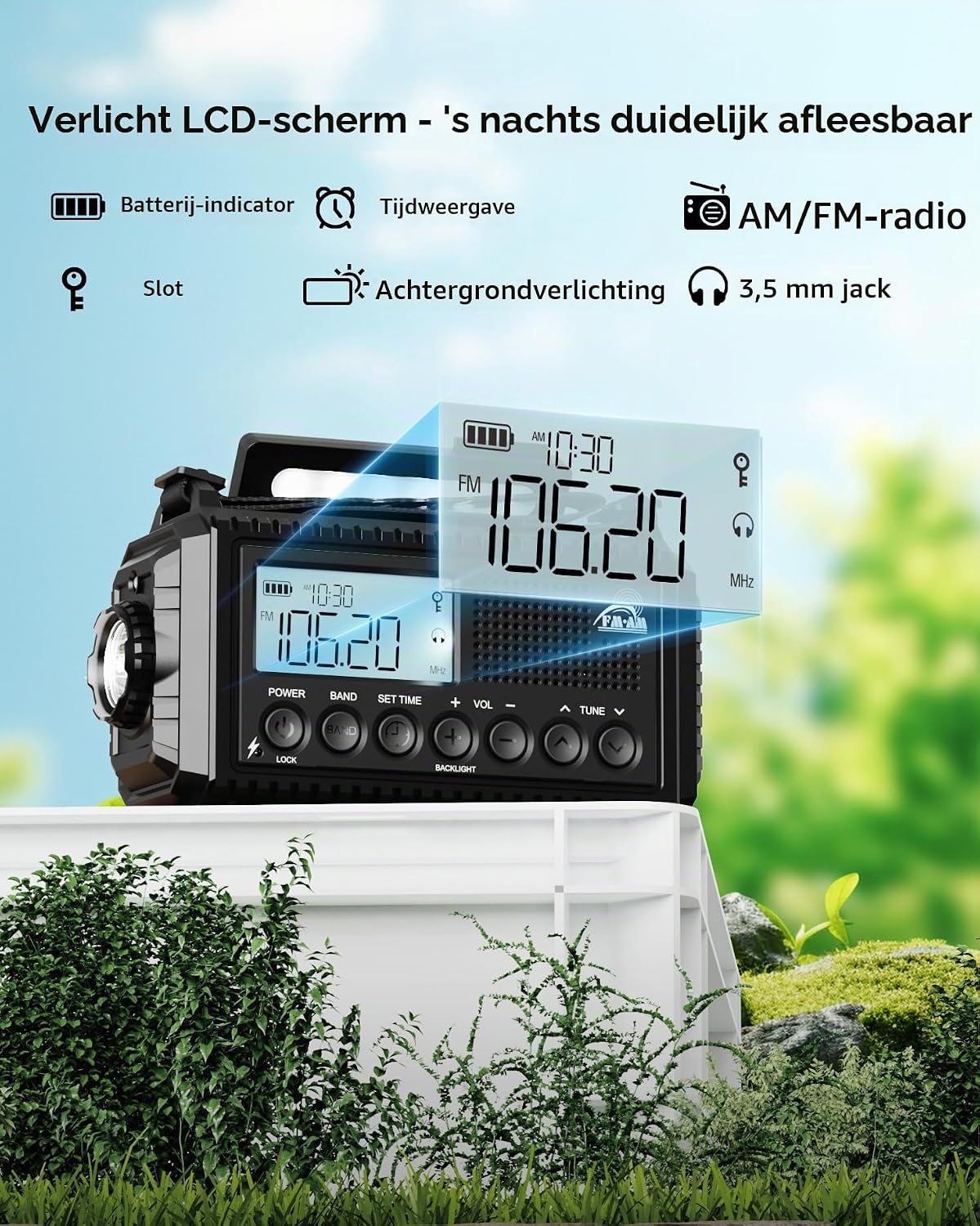 Detalle 2 de Roxicosly CR1009Ultra-Schwarz noodradio met 12.000 mAh, zonnepaneel en handslinger