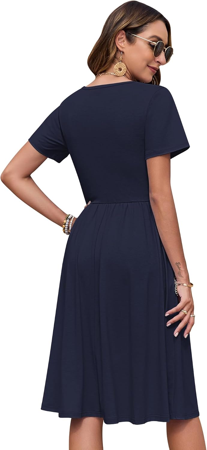 Detalle de AUSELILY Damen Kurzarm Sommerkleid knielang mit V-Ausschnitt und Knöpfen – leichtes Freizeitkleid mit Taschen