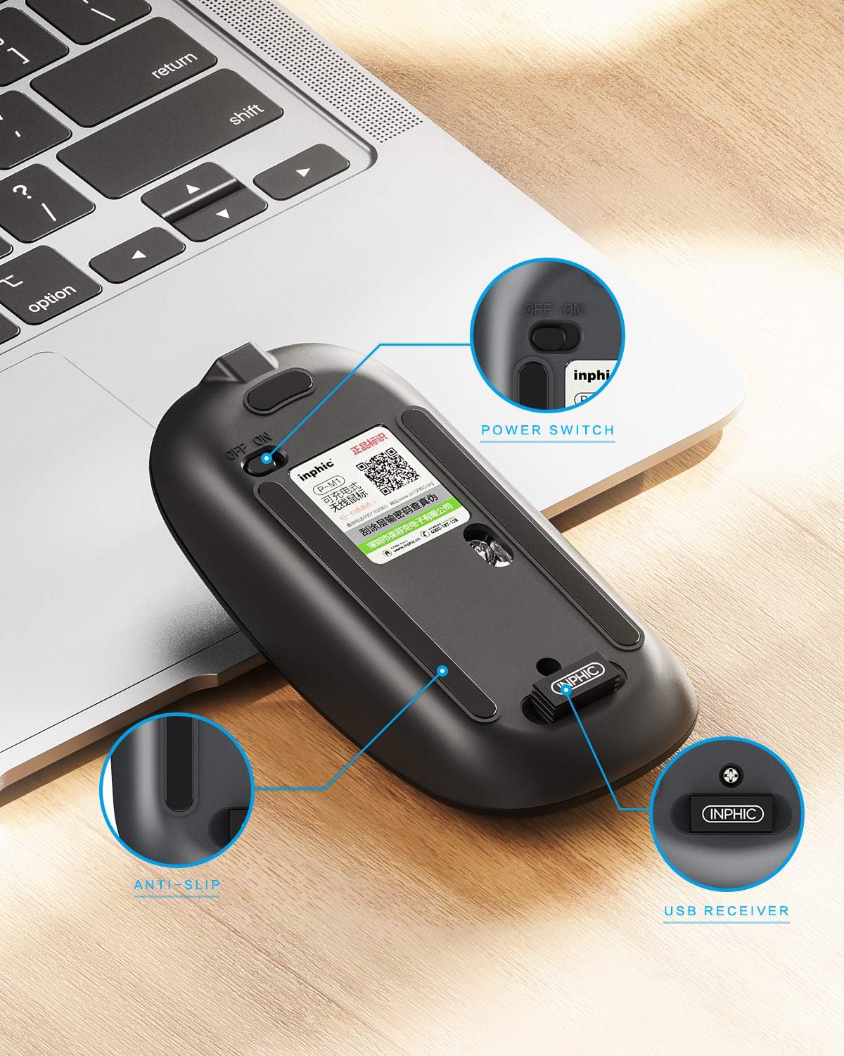 Thumbnail 2 de INPHIC kabellose Maus Ultra Slim, wiederaufladbar, 2,4 GHz, 2400 DPI, leise Klicks – USB-Empfänger für Laptop/PC/Mac