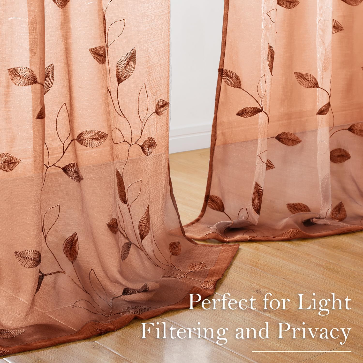 Thumbnail 3 de HOMEIDEAS Burnt Orange Sheer Curtains, Floral Embroidery, 52 x 63 Inches, 2 Panels