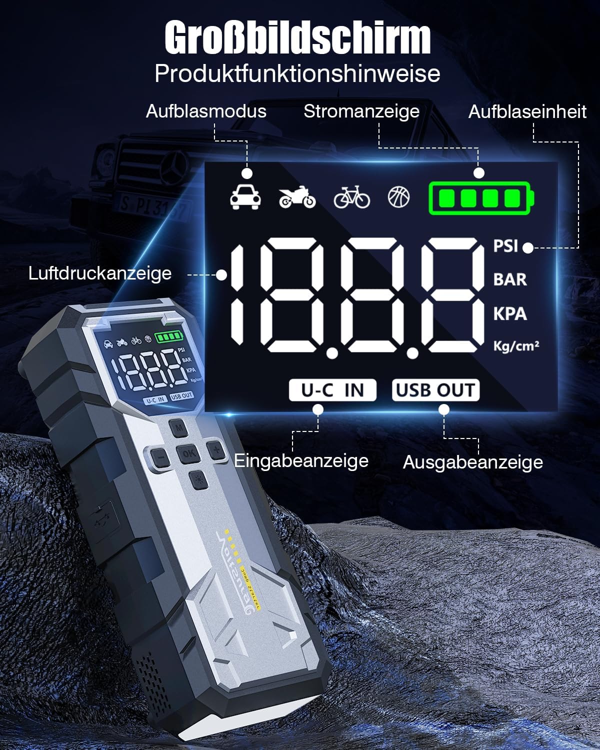 Detalle de 7000A Starthilfe Powerbank mit Kompressor: 4-in-1 Begleiter für Auto, Bike und mehr