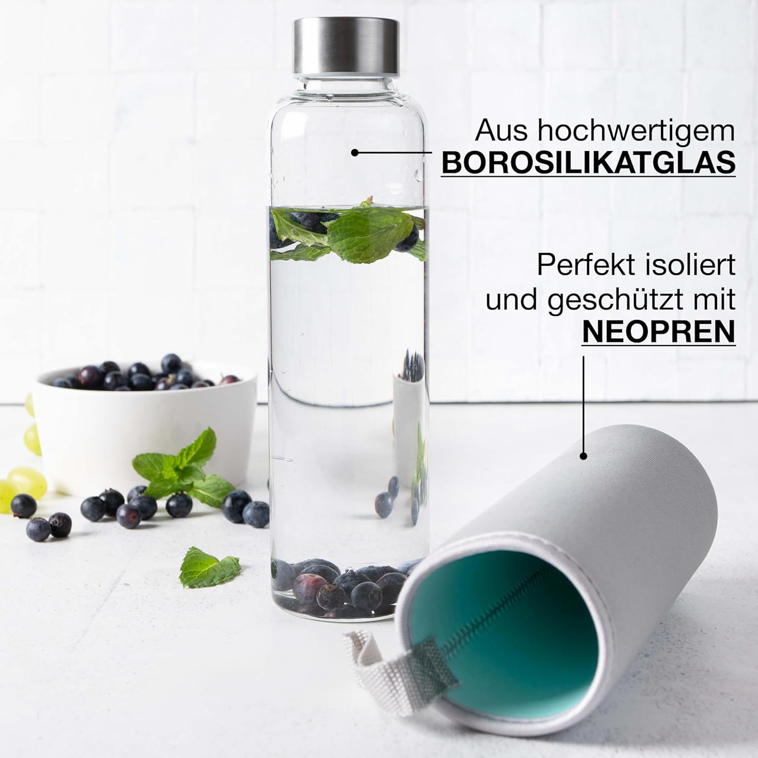 Thumbnail 1 de Moritz & Moritz Trinkflasche Glas 500ml – aus Borosilikatglas, auslaufsicher & mit Neoprenhülle