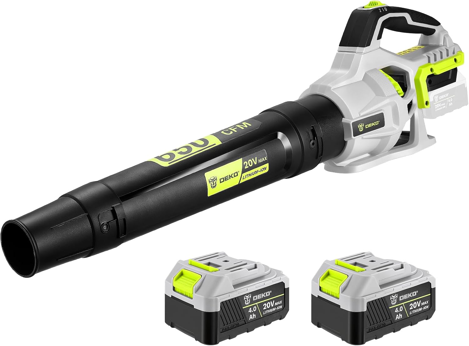 DEKOPRO Soffiatore a Batteria 20V con 2 Batterie da 4.0Ah e Caricabatterie — 650 CFM, 257 km/h, 2 Velocità