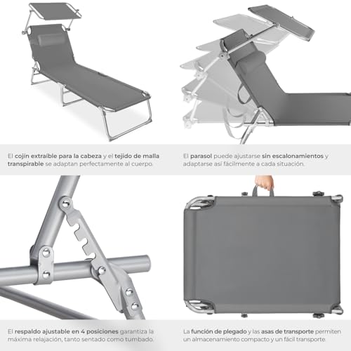 Thumbnail 6 de tectake Set de 2 tumbonas de jardín plegables con parasol y respaldo regulable (gris) – hasta 110 kg