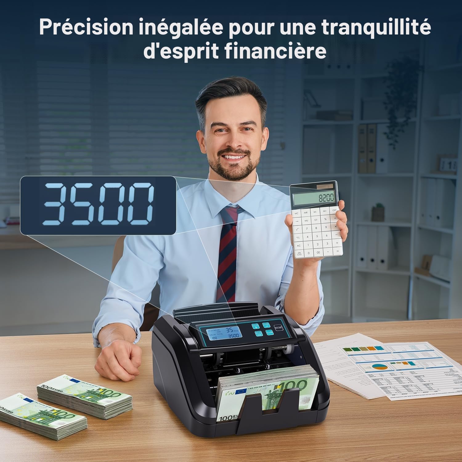 Detalle de MUNBYN IMC51: Compteur d’argent EUR 1100 billets/min avec détection UV/IR/MG et mode Ajout + Lot