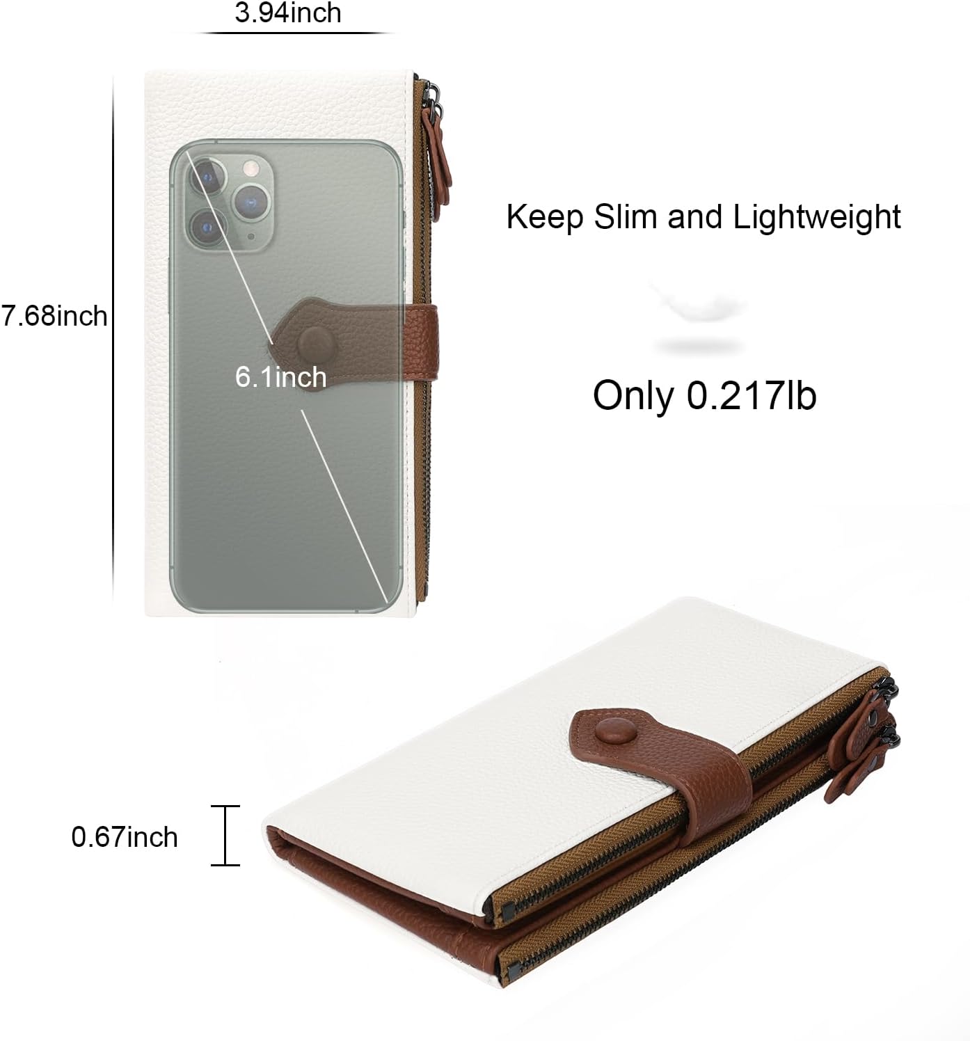 Detalle de GOIACII Womens RFID Blocking Wallet: Large Bifold with 13 Cards, Double Zip, White/Brown