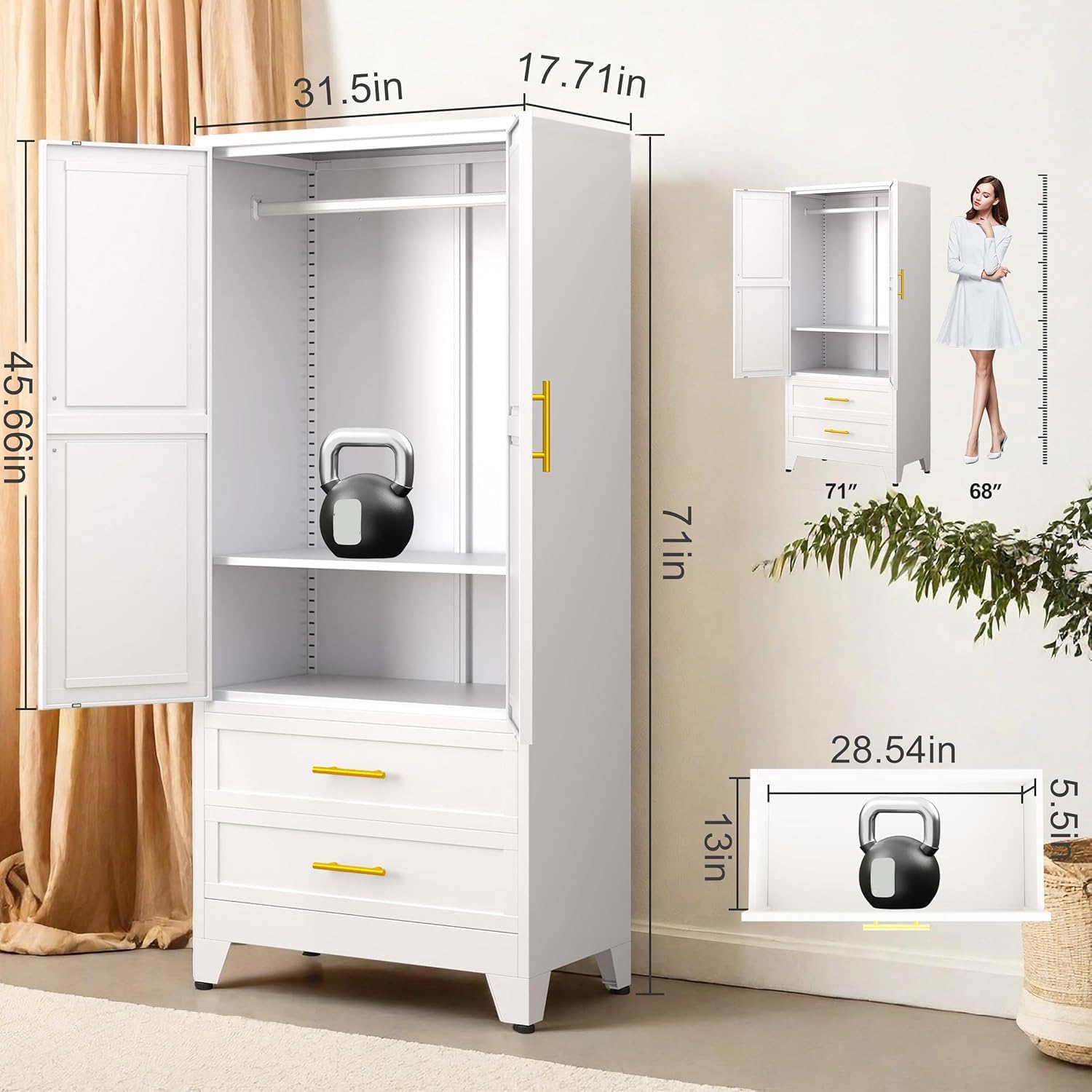 Detalle 2 de GAIOUS Tall 2Drawer W Metal Wardrobe Cabinet with Hanging Rod, White